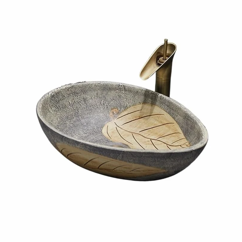 Zlewozmywak naczyniowy Porcelanowa ceramiczna nowoczesna umywalka łazienkowa nablatowa z baterią artystyczną