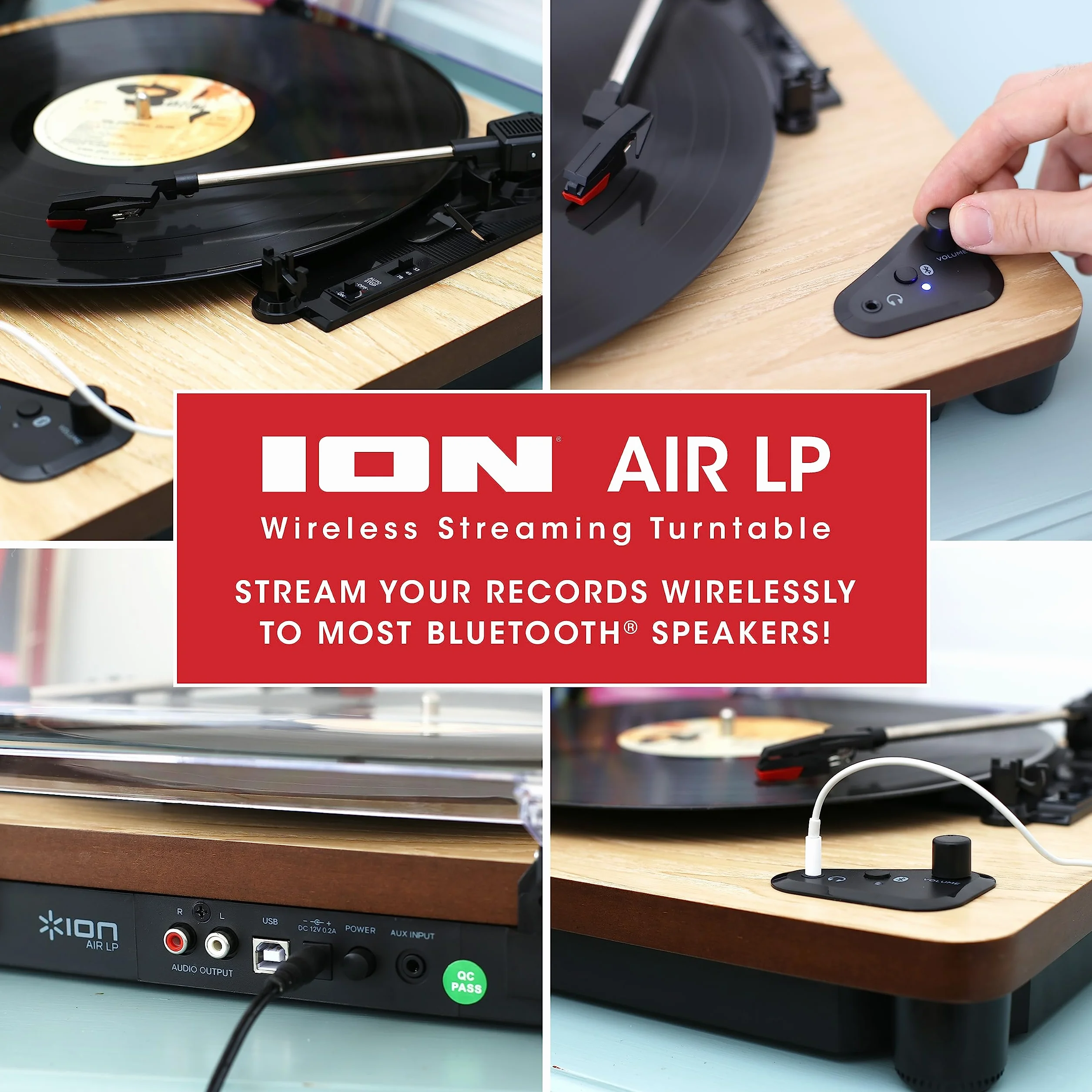 ION Audio Air LP – Gramofon z Bluetooth, wyjściem USB do zgrywania muzyki i 3 prędkościami – drewno naturalne