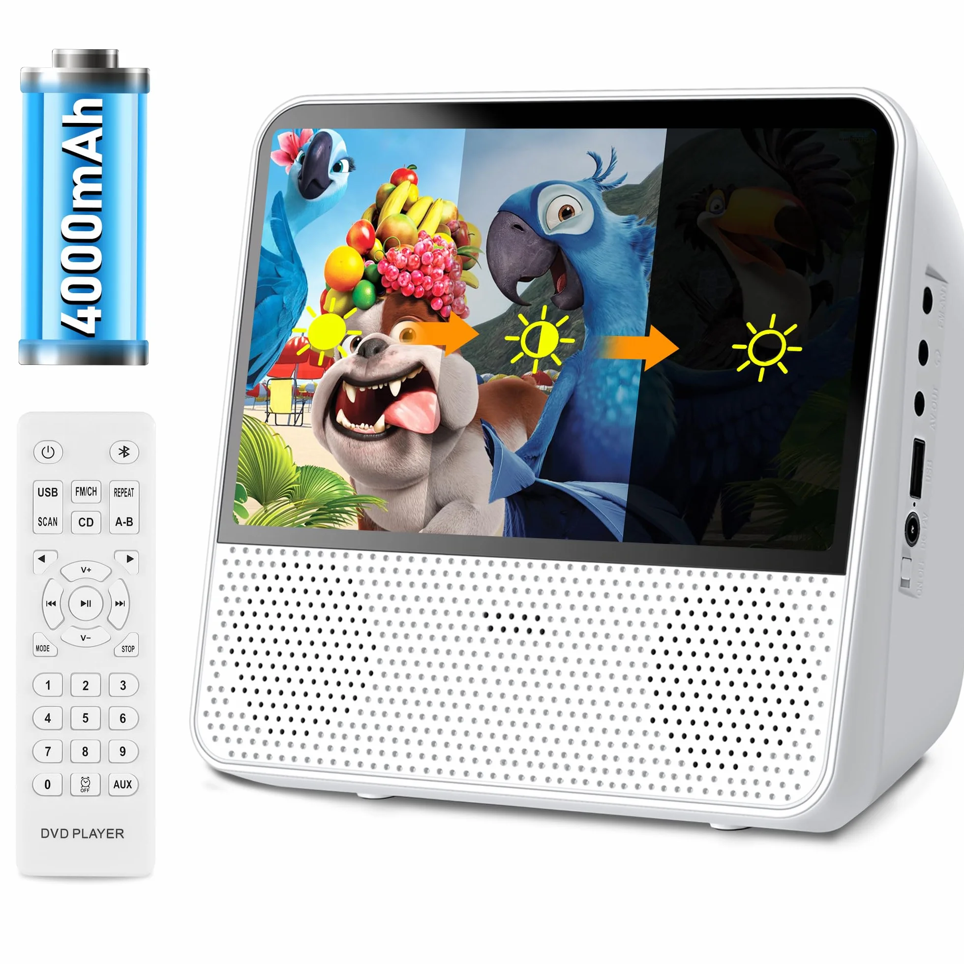 Przenośny Odtwarzacz DVD 7 Cali, Regulowalna Jasność, Bateria 4000mAh, Wbudowany Głośnik, Pilot/Bluetooth/USB
