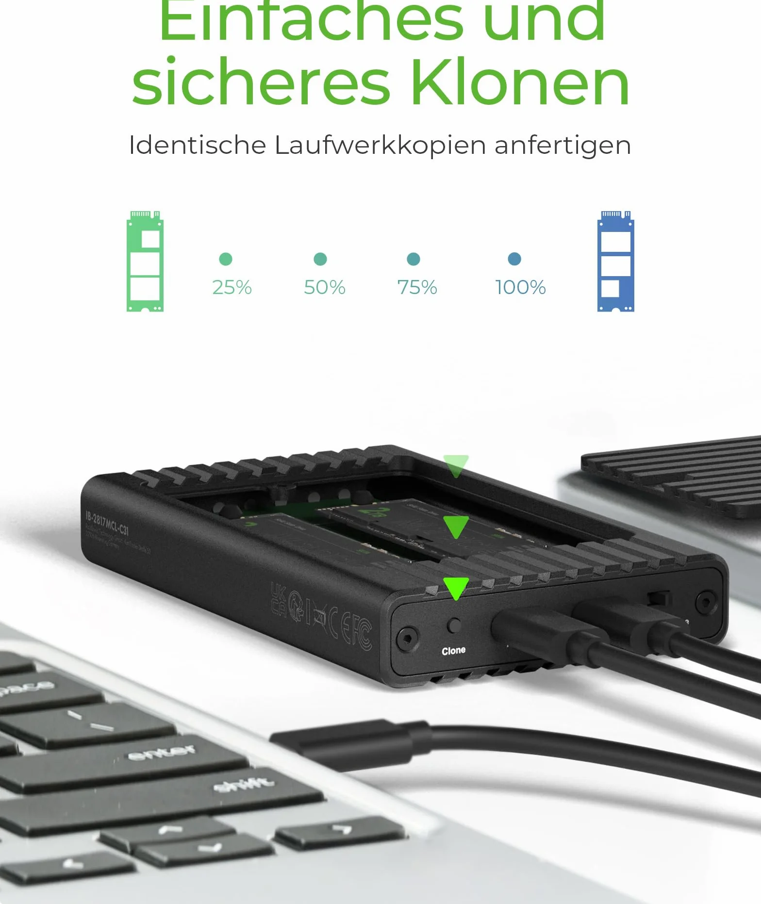 ICY Box M.2 NVMe SSD stacja dokująca USB 3.2 Gen 2 (10 Gbit/s), stacja klonowania i czytnik NVMe, zewnętrzna, adapter, USB-C i USB-A, IB-2817MCL-C31