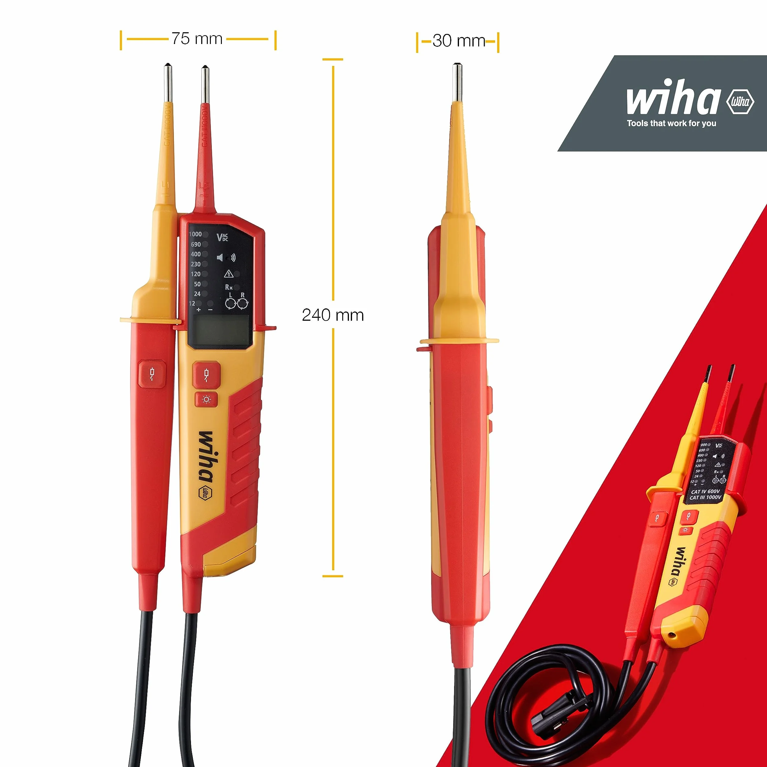 Wiha Tester napięcia i ciągłości 1500 V, CAT IV w zestawie 2 x baterie AAA I kompatybilny z fotowoltaicznymi I LED/LCD (45217), czerwony/żółty
