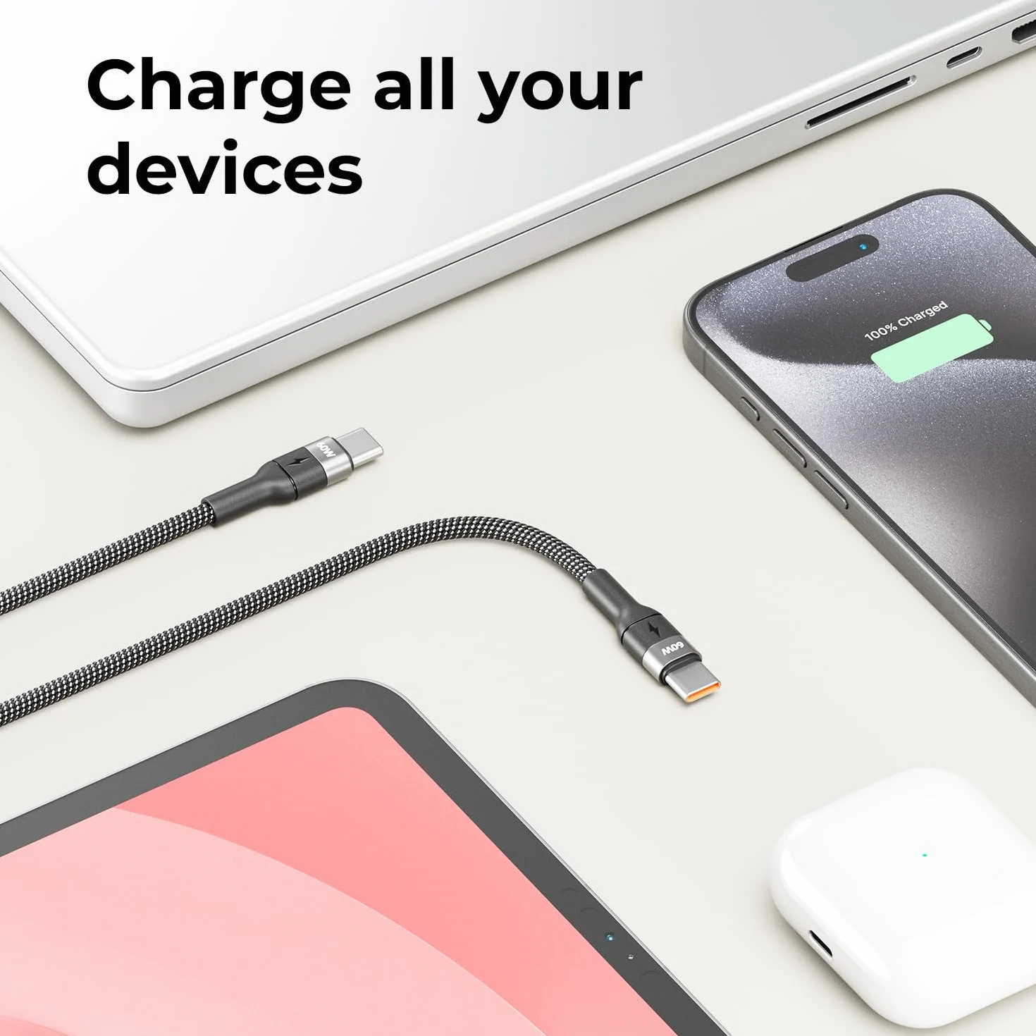 deleyCON 2x 1m Kabel ładujący USB-C 60W Szybkie ładowanie PD 3.0 PPS do iPhone 17 Galaxy S25 iPad Pro