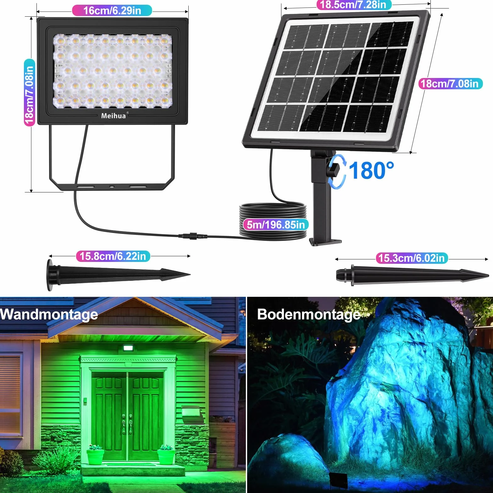 MEIHUA 30W reflektor RGB LED z pilotem zdalnego sterowania, reflektor solarny wielokolorowy, wodoodporny IP66, lampy solarne, 10 kolorów, 30 trybów, 6 poziomów jasności, timer, reflektor RGB solarny
