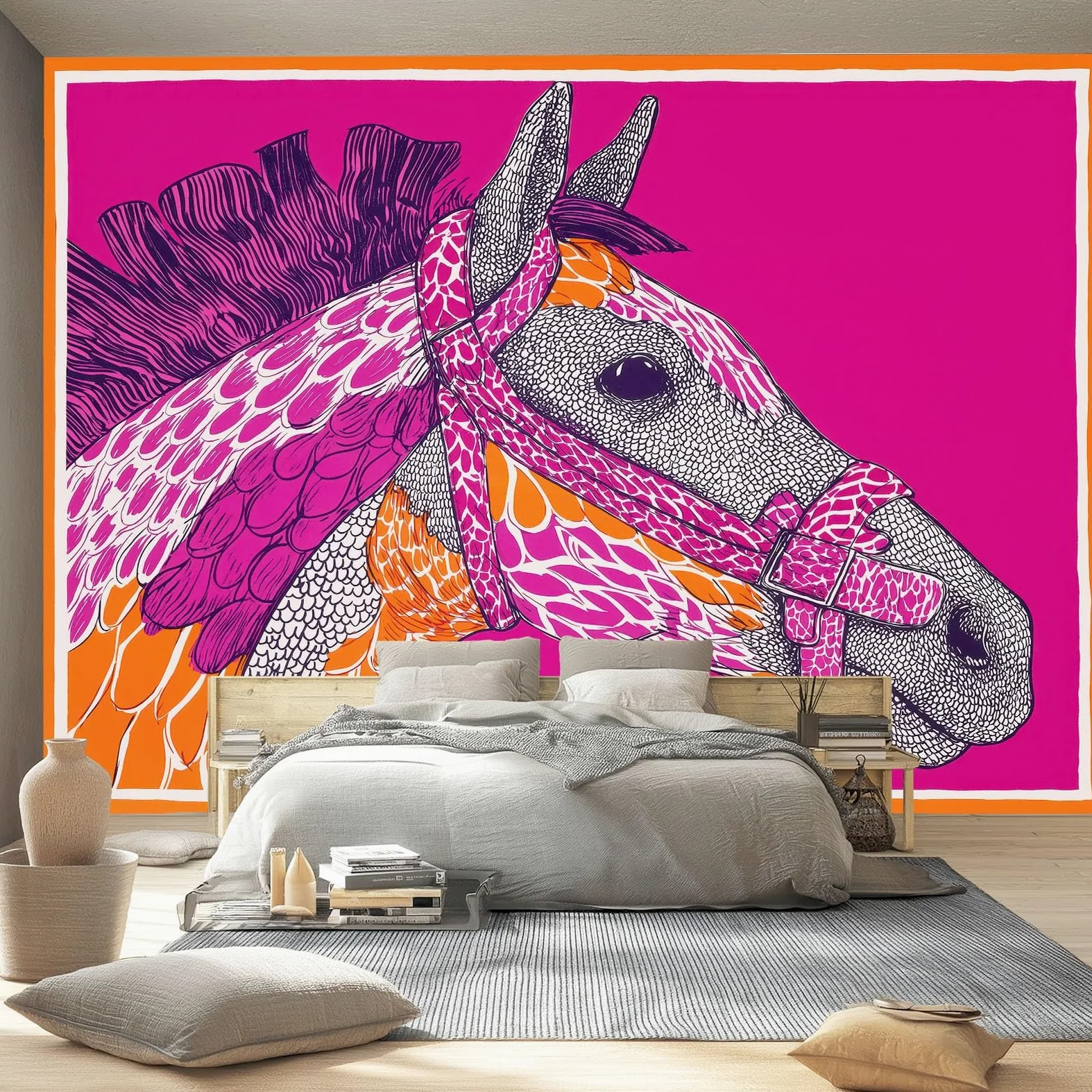 Tapeta 300 x 210 cm, abstrakcyjny wzór konia pop art, dekoracja z włókniny do pokoju dziecięcego i ściany TV, różowa