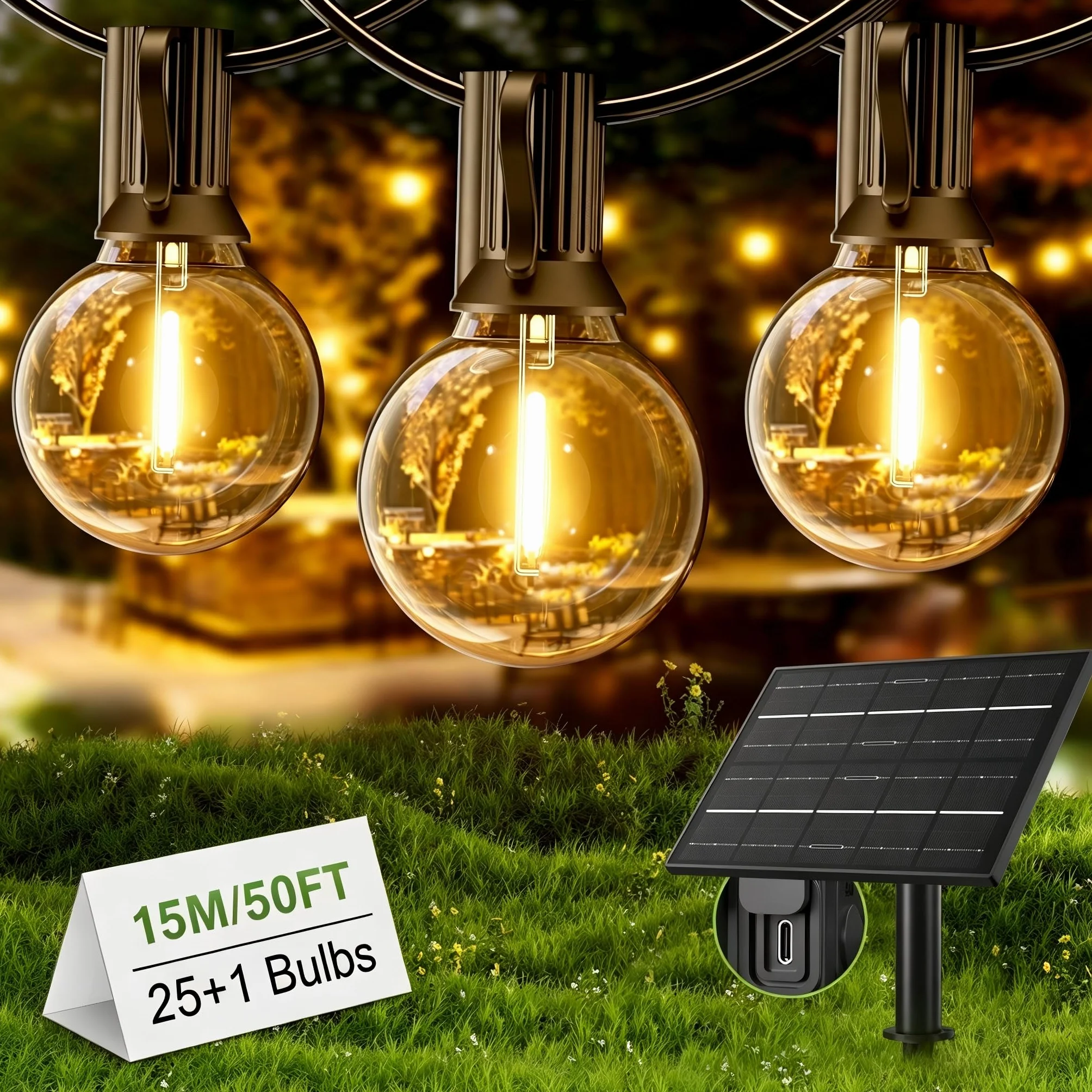 Yuusei Zewnętrzny łańcuch świetlny solarny, 15 m, oświetlenie zewnętrzne LED, IP65 wodoodporny i USB, 25 + 1 G40, nietłukące się kule ziemskie, do altany, balkonu, altany, patio, ślubu i przyjęć