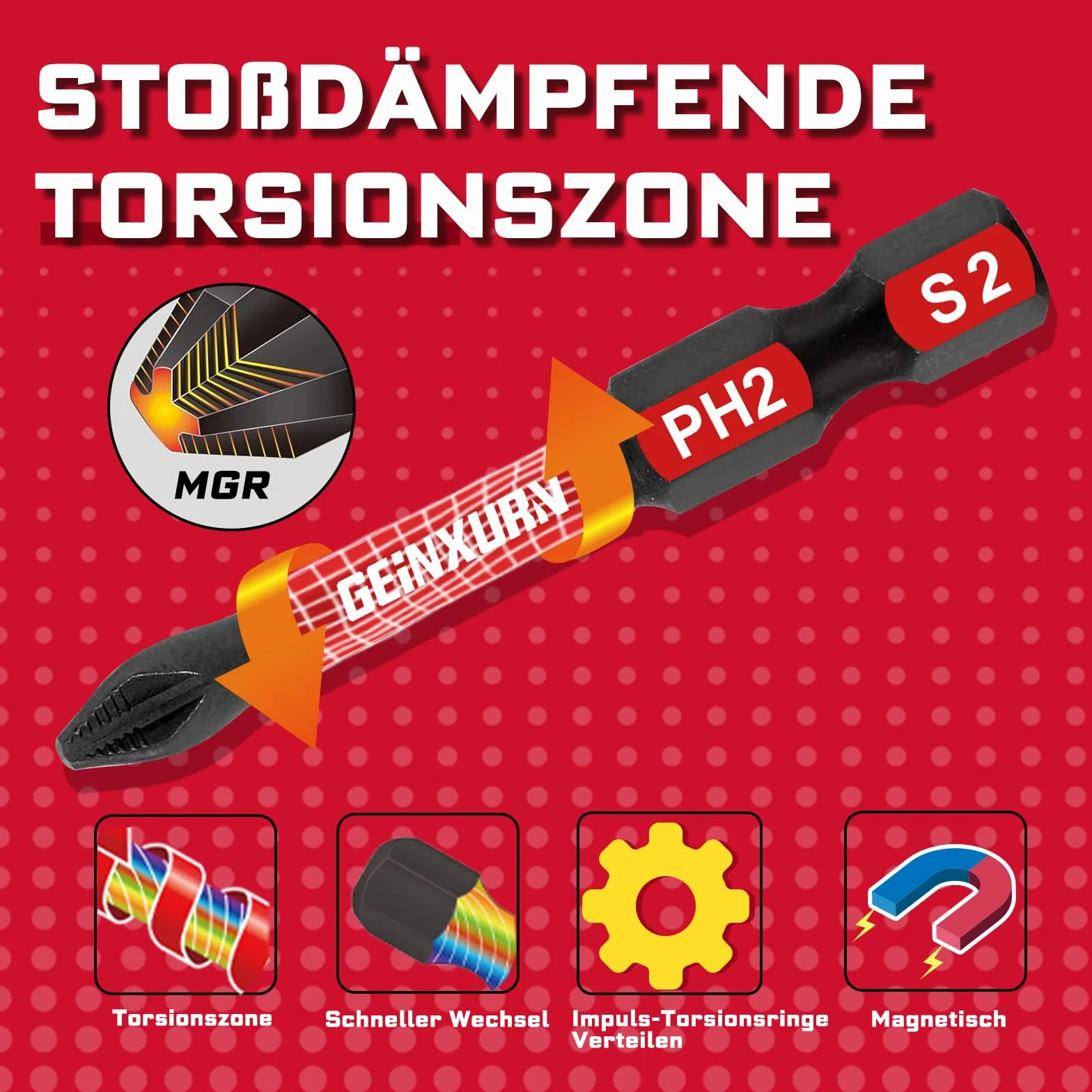 Geinxurn 20 sztuk wkrętaków magnetycznych #2 Phillips 25 mm PH2 bity antypoślizgowe, 1 uchwyt do bitów 60 mm, stal stopowa S2, trzpień sześciokątny 1/4 cala, zestaw bitów