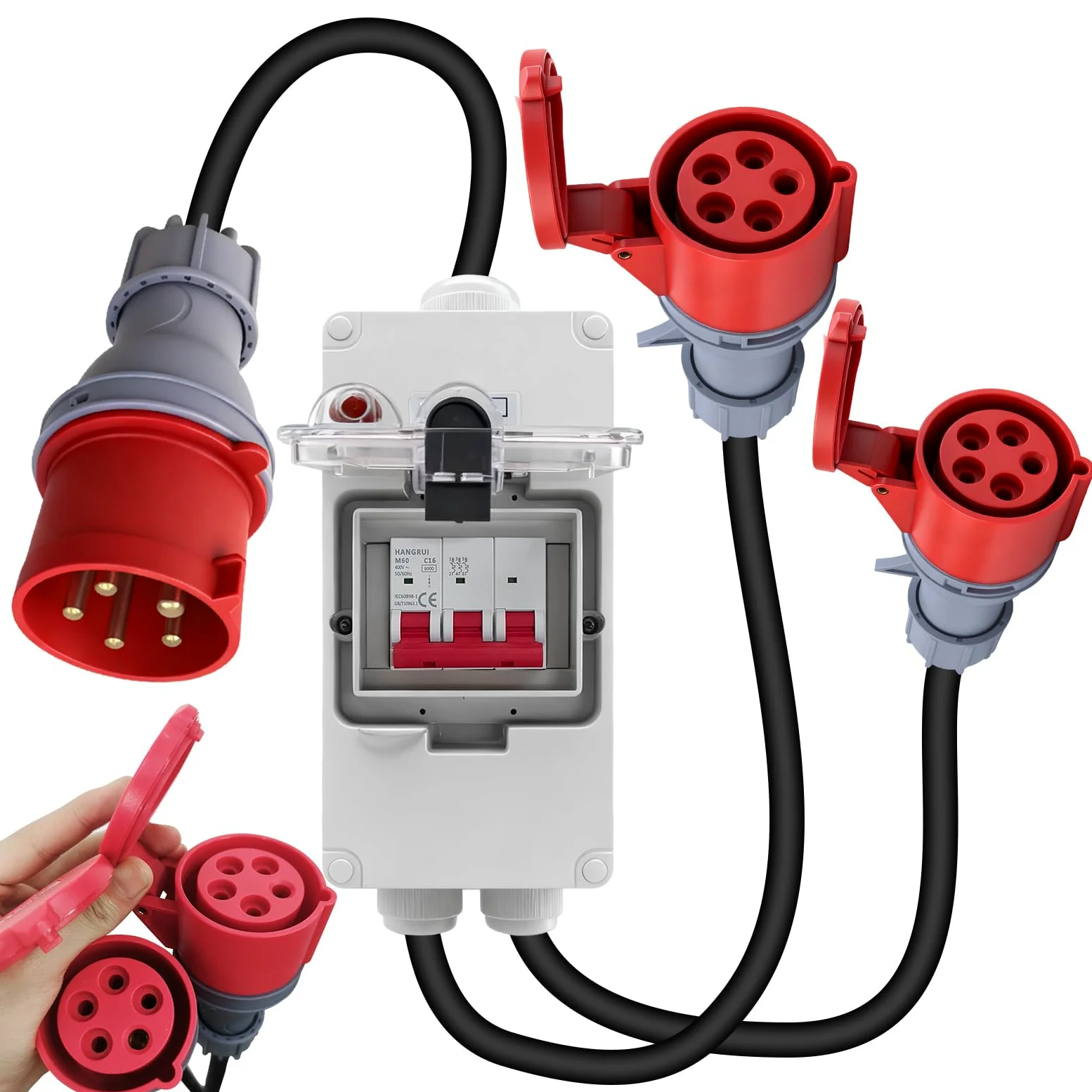 Adapter CEE 32 A na 16 A, wtyczka CEE, kabel przedłużający 230 V, IP44-66, rozdzielacz prądu z wyłącznikiem nadmiarowym, 5-pinowe gniazdko do warsztatu, na plac budowy