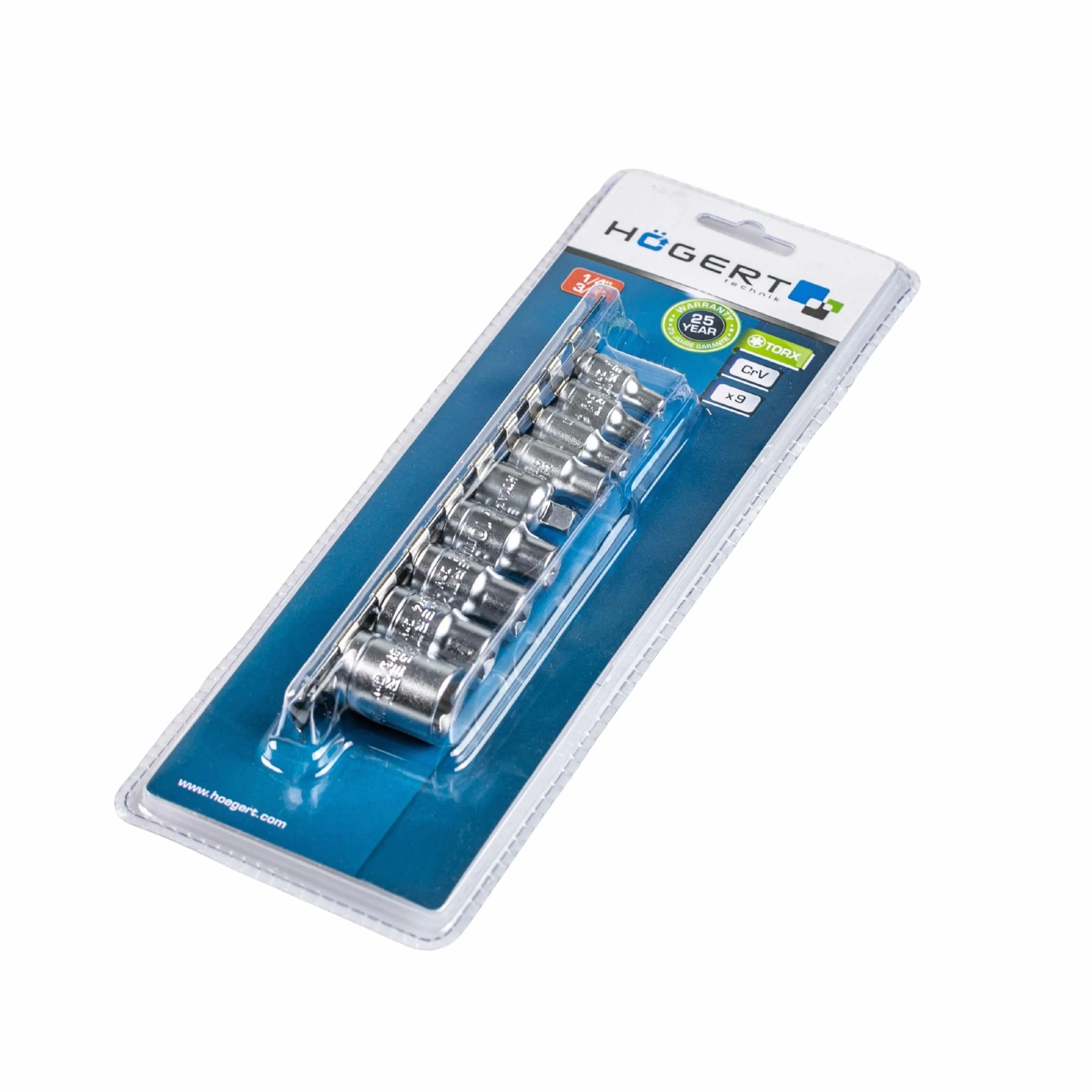 Högert HT1A884 zestaw kluczy nasadowych z narzędziami, ze stopu stali chromowo-wanadowej, zestaw 9 kluczy nasadowych Torx, srebrne, 1/4" E5-E8, 3/8 E10-E16, CRV