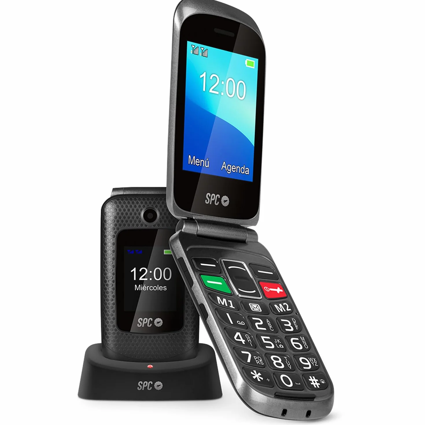 SPC Magnus telefon komórkowy z klapką dla seniorów duże klawisze podwójny ekran przycisk SOS stacja ładująca USB-C