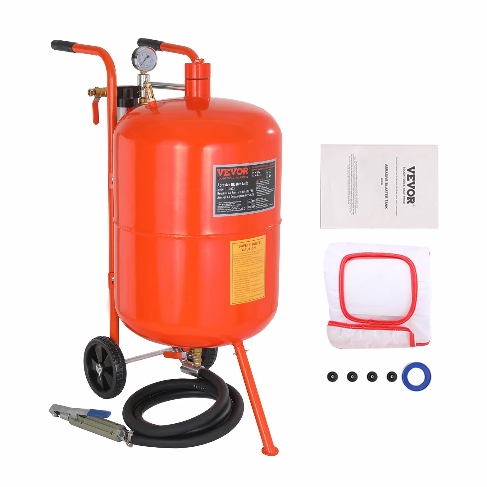 VEVOR Przenośna piaskarka, 75,7 l, piaskarka ok. 244 cm, wąż roboczy, piaskarka, ciśnienie robocze 60-110 psi, idealne do usuwania rdzy, farby, plam i polerowania dużych powierzchni