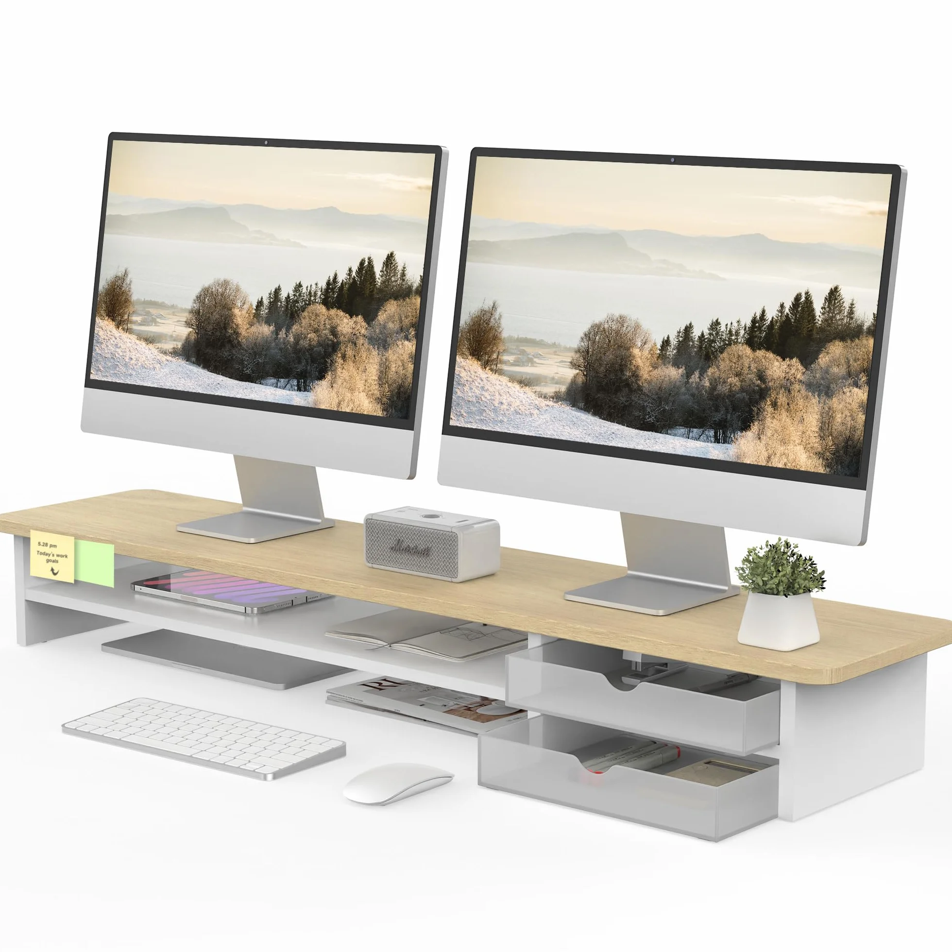 Fenge Podnośnik do dwóch monitorów 108 cm z szufladami akrylowymi dąb biały