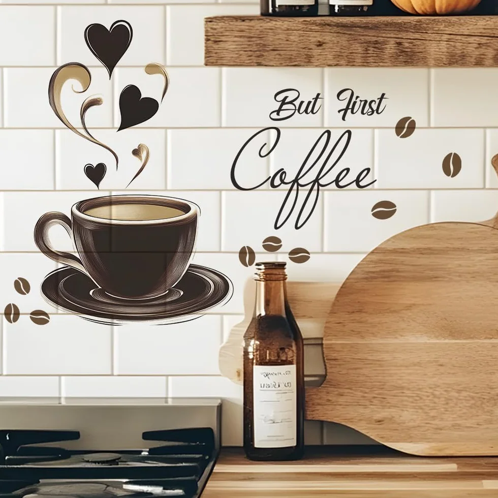 HGDESIGN® Tatuaż ścienny naklejka ścienna kawa czas But First Coffee Sowa Cappuccino Naklejka ścienna Dekoracja ścienna do kuchni jadalni (F)