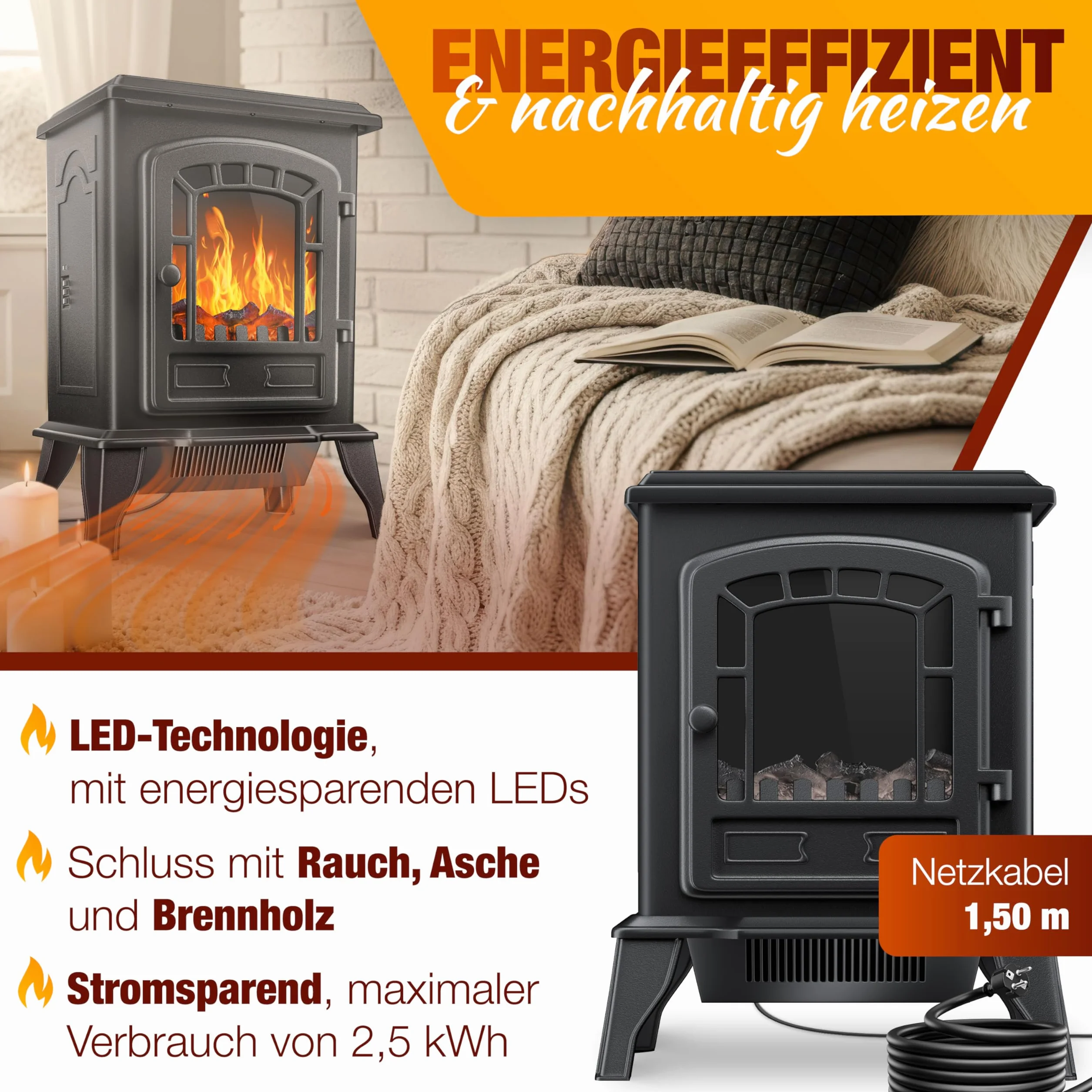 KESSER® Kominek elektryczny 2000 W z termowentylatorem, LED efekt płomienia, czarny