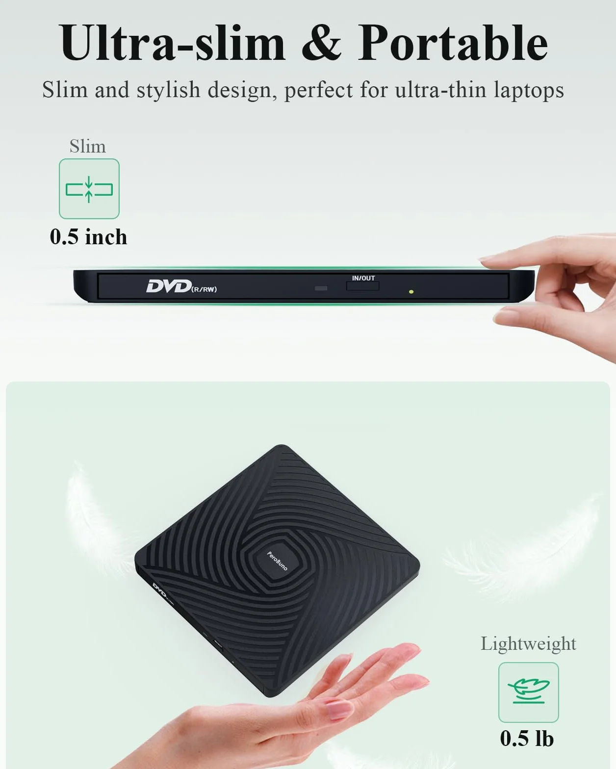 PeroBuno Zewnętrzny Napęd CD DVD, Napęd Optyczny USB 3.0 Typu C, 0,5-calowy Ultra-Slim Przenośny Odtwarzacz Płyt CD ROM Do Laptopów PC Windows 11/10/8/7 Linux Mac OS