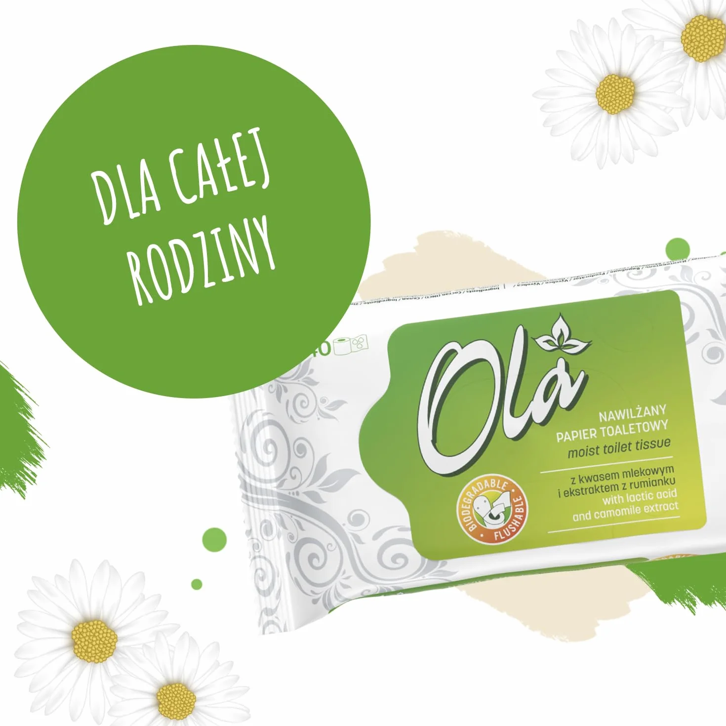 OLA Nawilżany papier toaletowy z ekstraktem z rumianku i kwasem mlekowym - spłukiwalny - Połączenie nawilżanego papieru i mokrej chusteczki - oczyszcza okolice intymne - do skóry wrażliwej - 40 sztuk