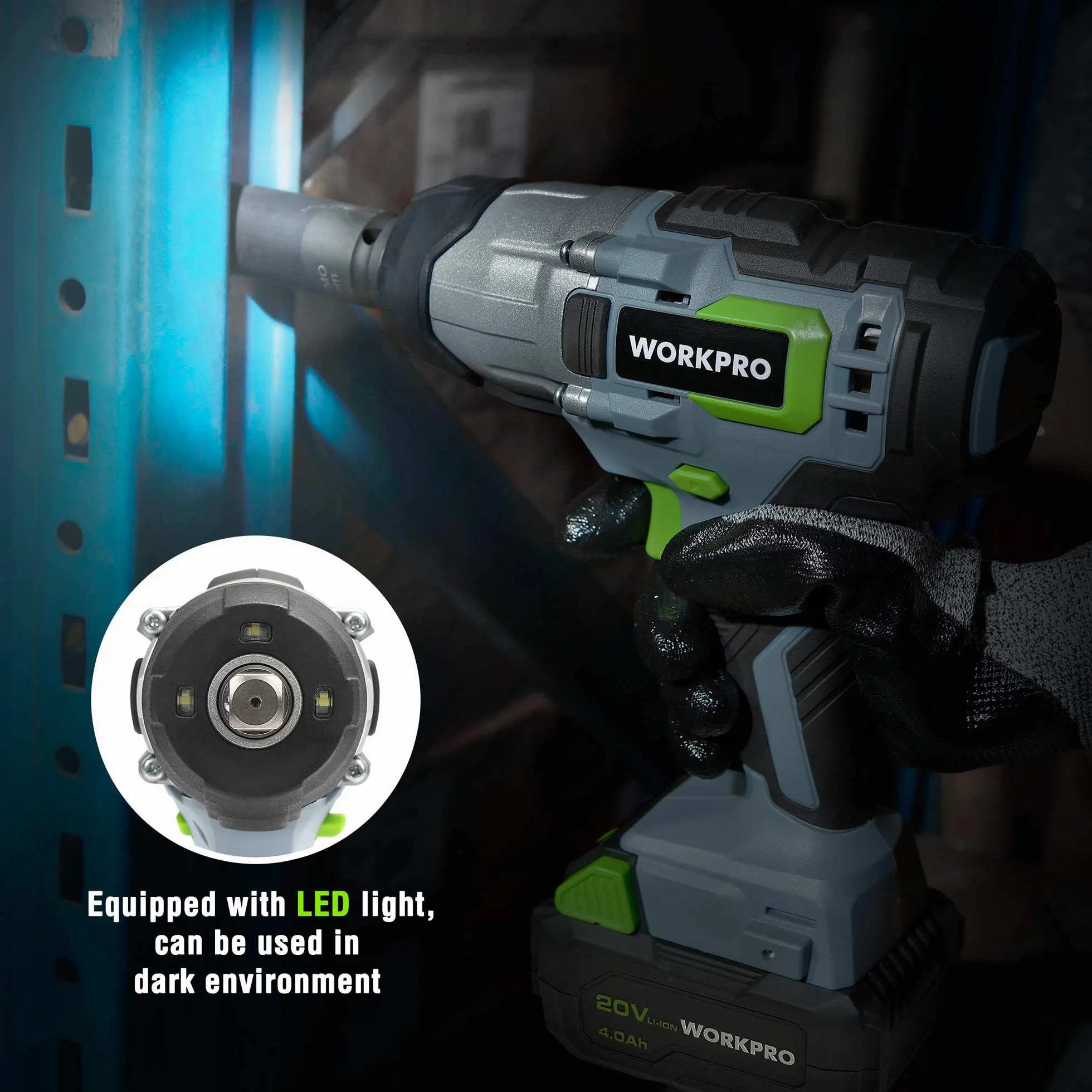 WORKPRO Akumulatorowy klucz udarowy 20 V, bezprzewodowy klucz udarowy, 1/2" uchwyt czworokątny, moment obrotowy 300 Nm, zmienna prędkość, światło LED, z akumulatorem 4,0 Ah i ładowarką
