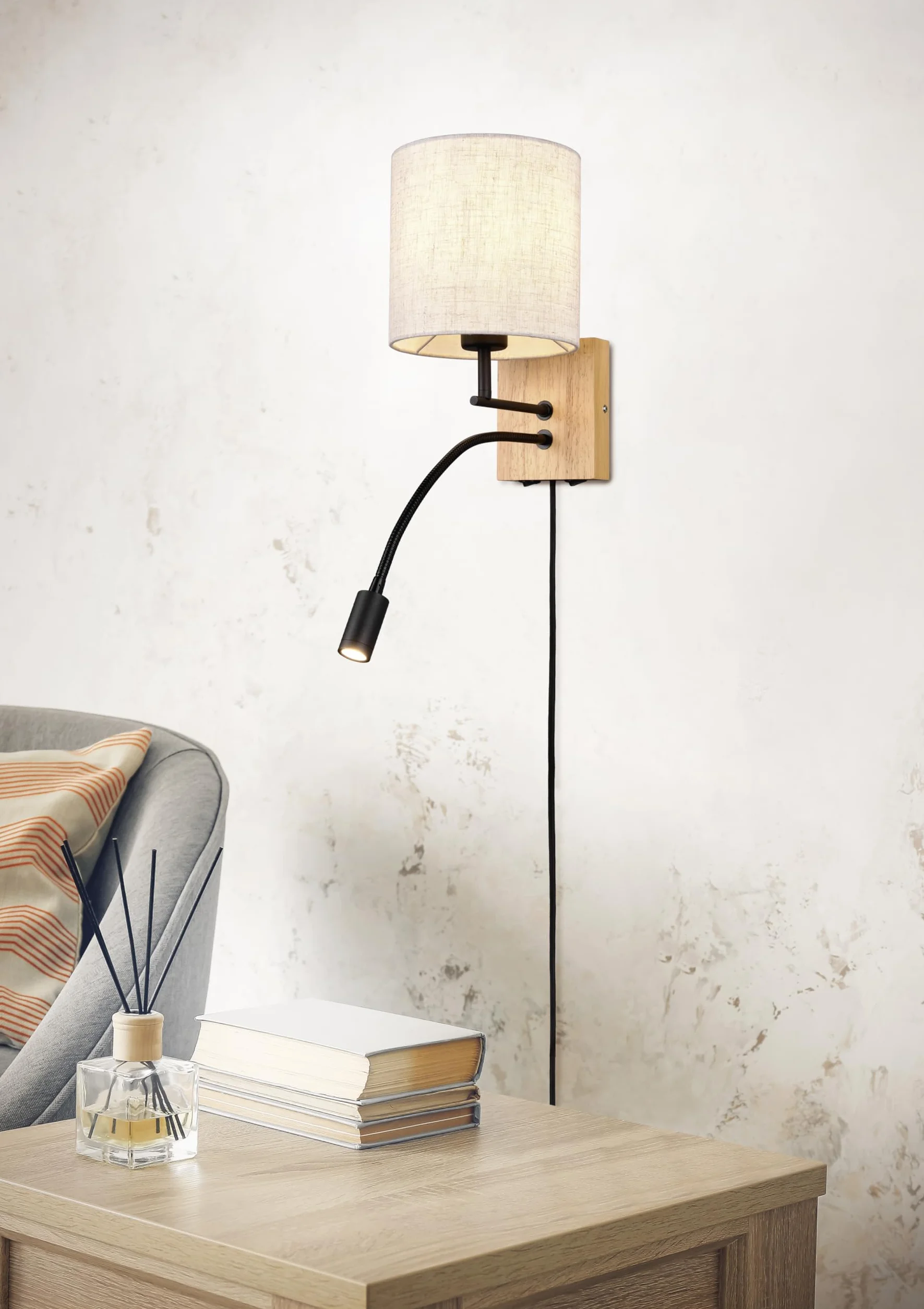 Trio Leuchten Kinkiet NILAM naturalne drewno abażur E27 LED 3,1 W Flex Connect