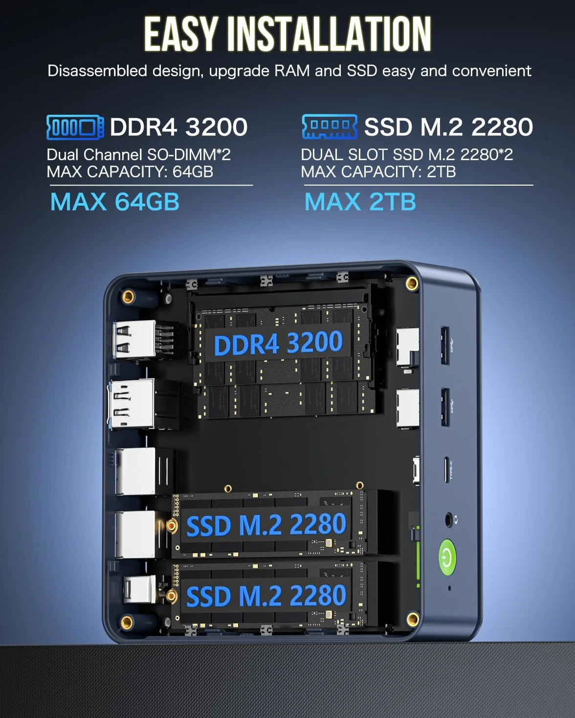 GMKtec Mini komputer 5825U, mikrokomputer biurkowy M5 Plus Dual LAN 2.5 G, AMD Ryzen 7 5825U (8 C/16 T4,50 GHz), 32 GB DDR4 RAM + 1TB PCIe-SSD, wi-fi 6E, USB 3.2, USB-C, BT 5.2, DP, HDMI