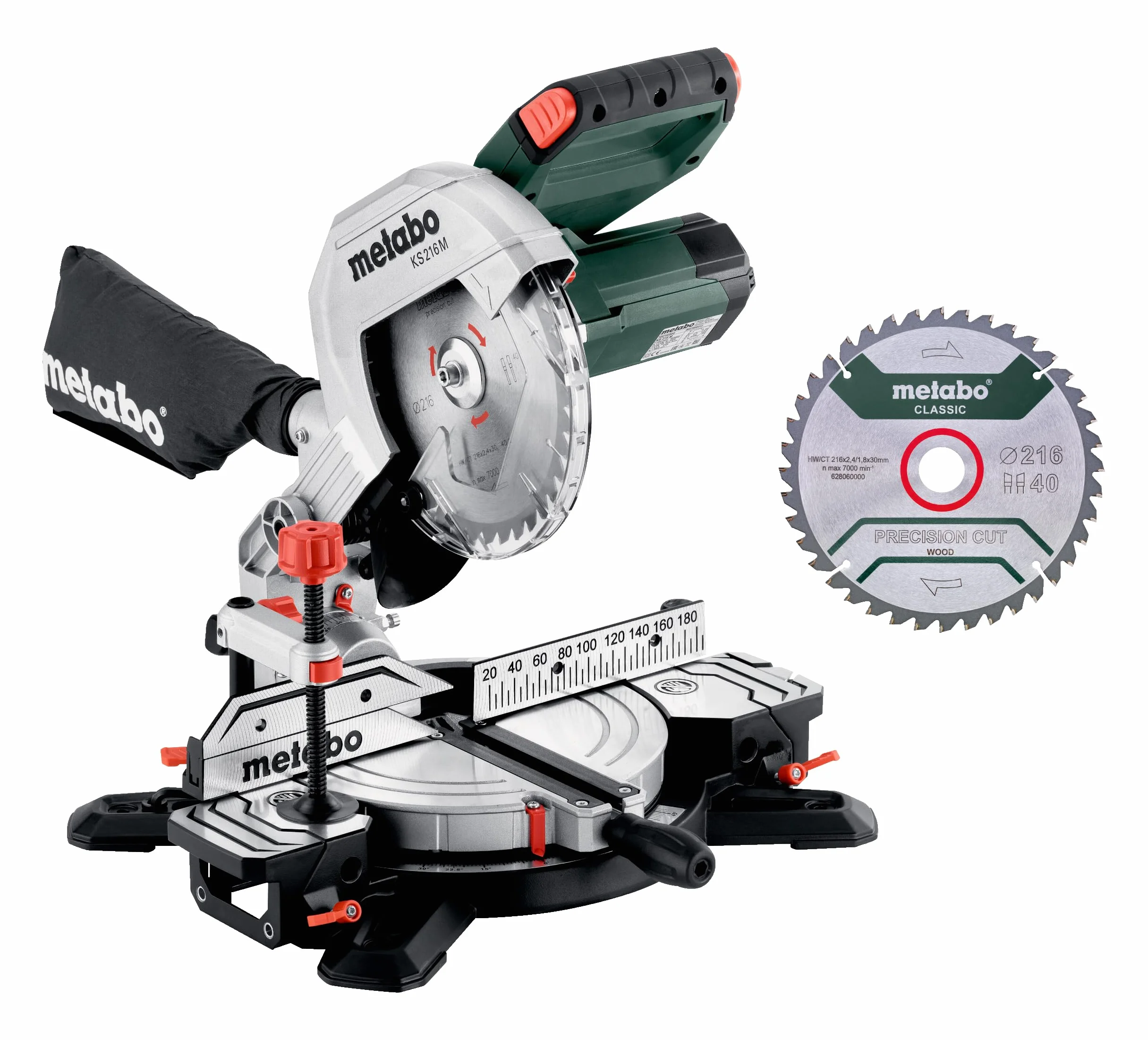 Metabo KS 216 M zestaw do piły ukośnej (karton z 2. brzeszczotem z twardego metalu, z nachyleniem brzeszczotu, zintegrowane poszerzenia stołu) 610216900