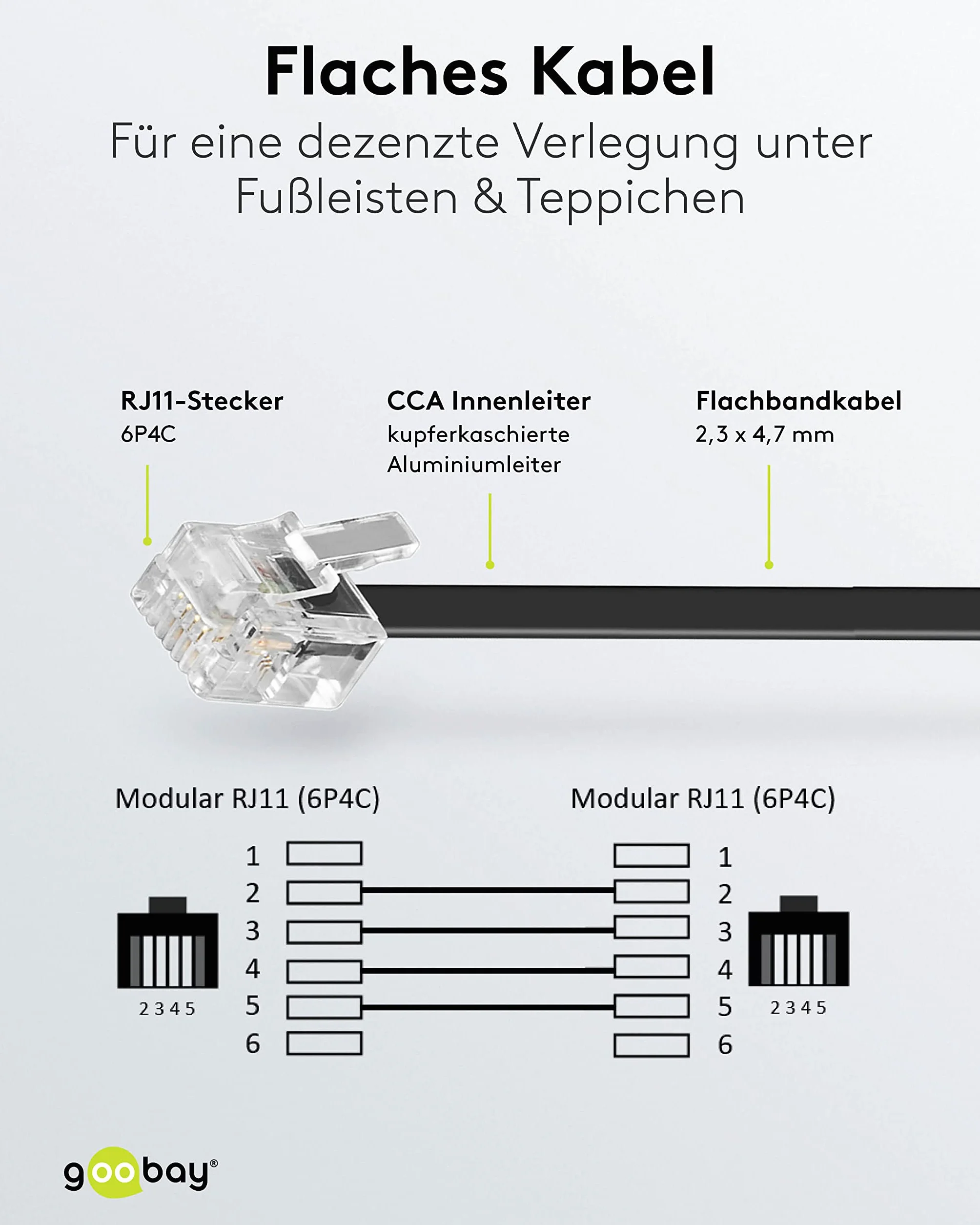Goobay Modułowy kabel przyłączeniowy telefoniczny RJ11 (6P4C) 10 m czarny