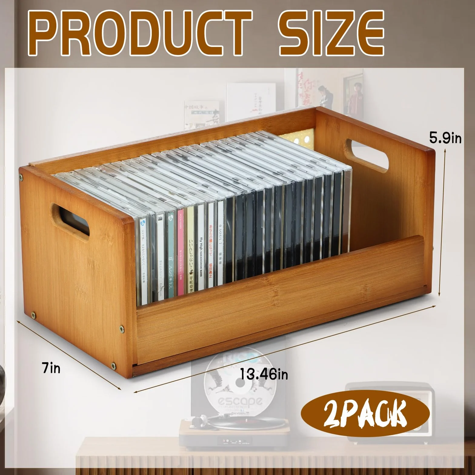 2 zestawy bambusowych pudełek do przechowywania płyt CD, stojak na płyty CD, organizer półka na filmy, DVD, stojak na taśmę kasetową, uchwyt na płyty z uchwytami do noszenia