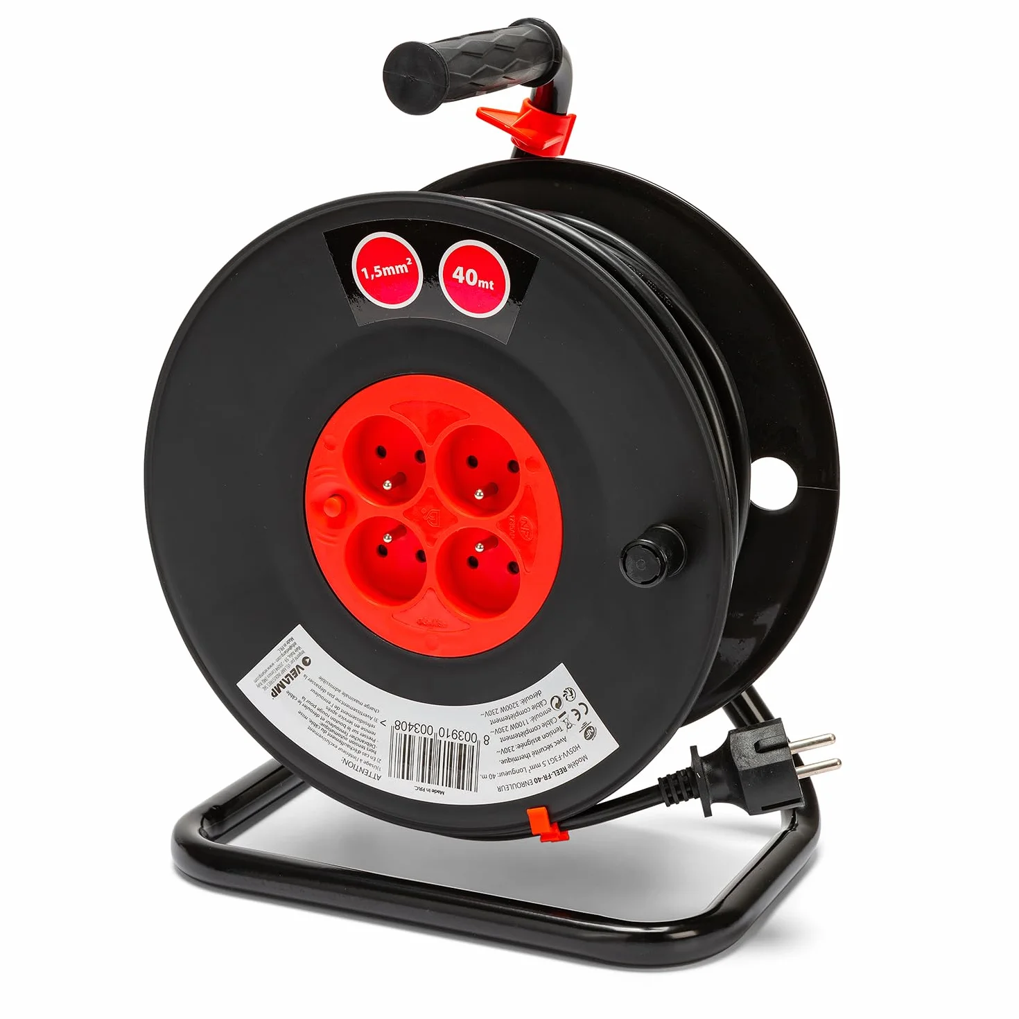 Velamp REEL-FR-40 Rallonge Prolongateur électrique 40 m avec enrouleur 4 Prises 16 A section 3G1,5 mm² + coupe-circuit. Noir et Rouge