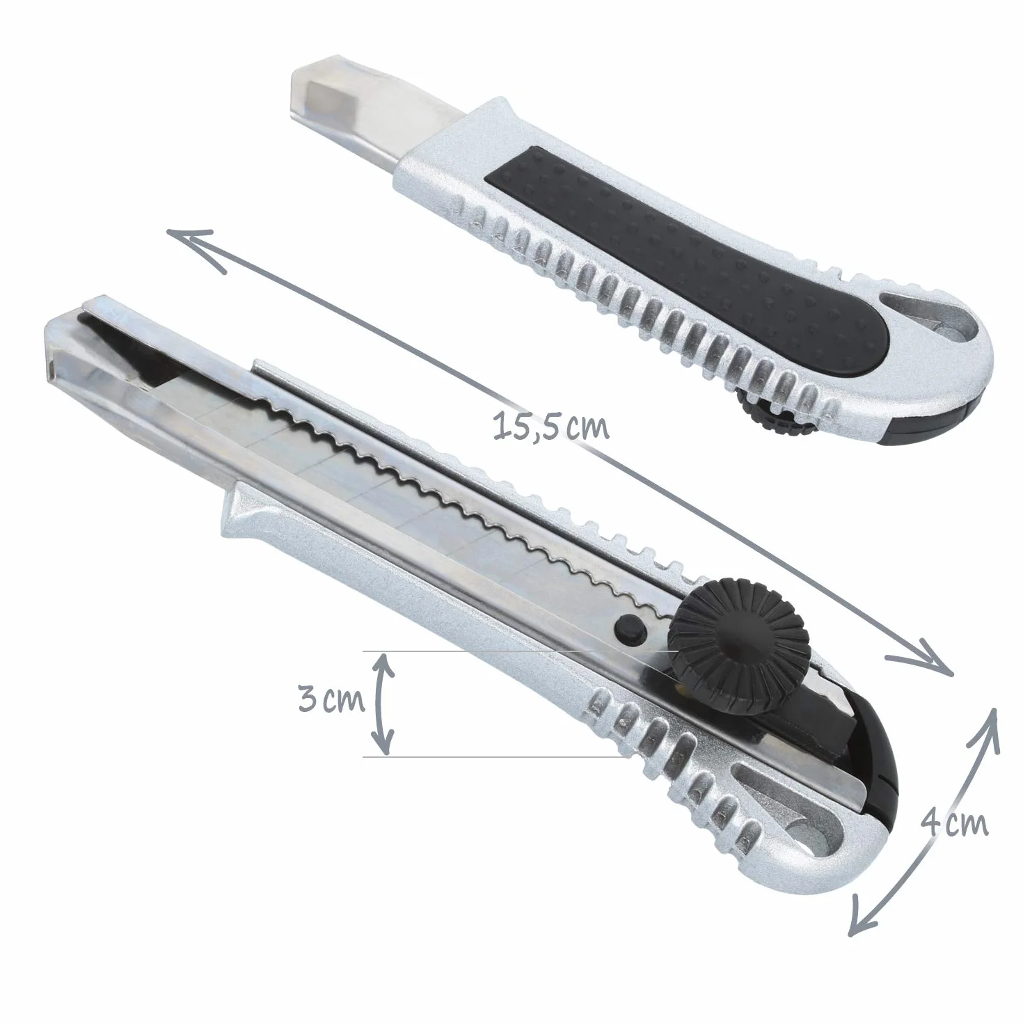 COM-FOUR® 4x noze tnace z wymiennymi ostrzami - noze do dywanów - noze do tapet w 2 rozmiarach - przecinarki do tektury z odlamywanymi ostrzami - noze rzemieslnicze (Aluminium - 4 sztuki)