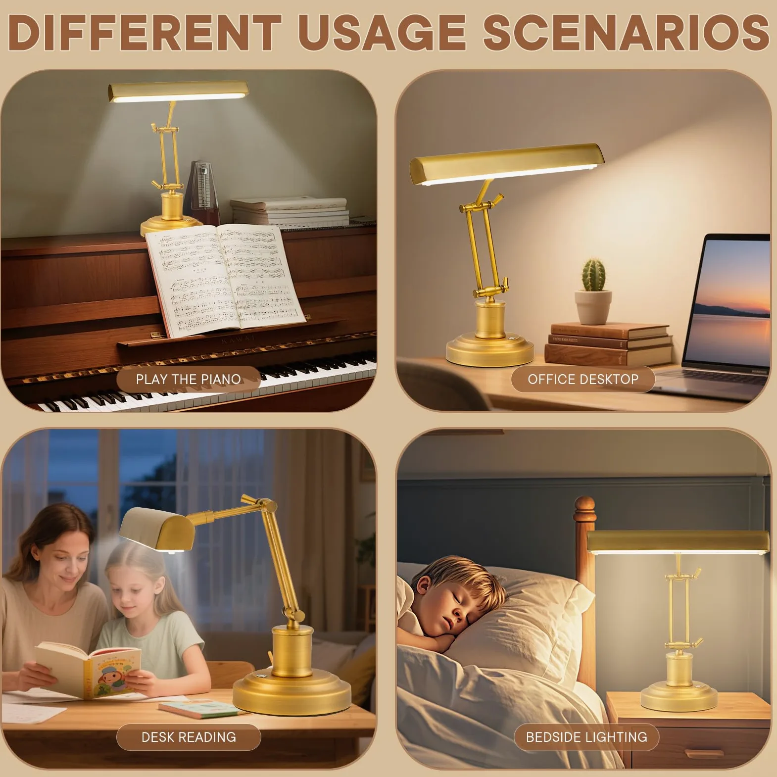 Lampa fortepianowa LED - regulowana lampa fortepianowa z regulowanymi ramionami, sterowaniem dotykowym i CRI≥95, złota lampa antyodblaskowa do pionowego fortepianu, dużego fortepianu i biura