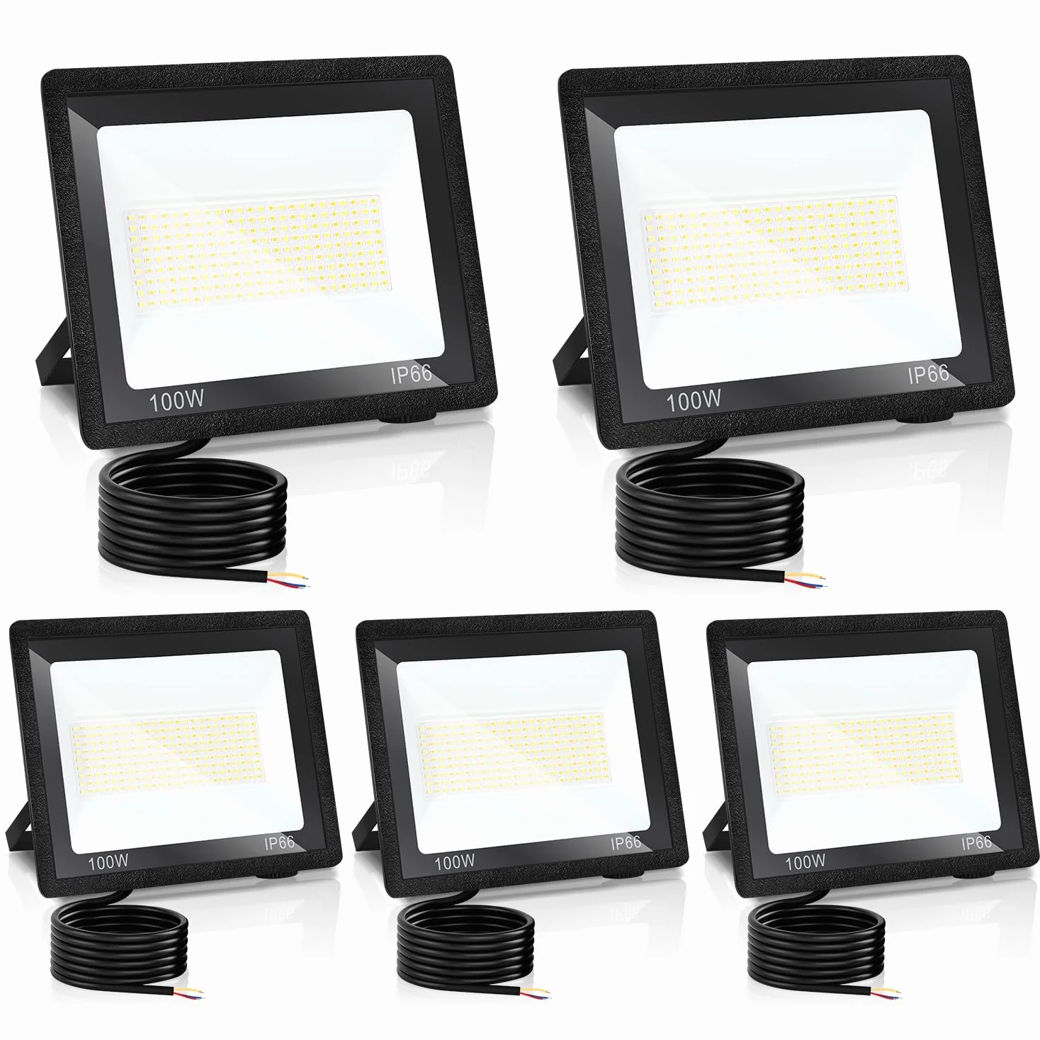 Sonnewelt Zestaw 5 reflektorów LED na zewnątrz, po 100 W, 3 temperatury barwowe, IP66 | 3000 K/4000 K/6500 K do wyboru za pomocą przełącznika CCT, ok. 7300 lm na lampę, kąt świecenia 120° i kabel 1 m.