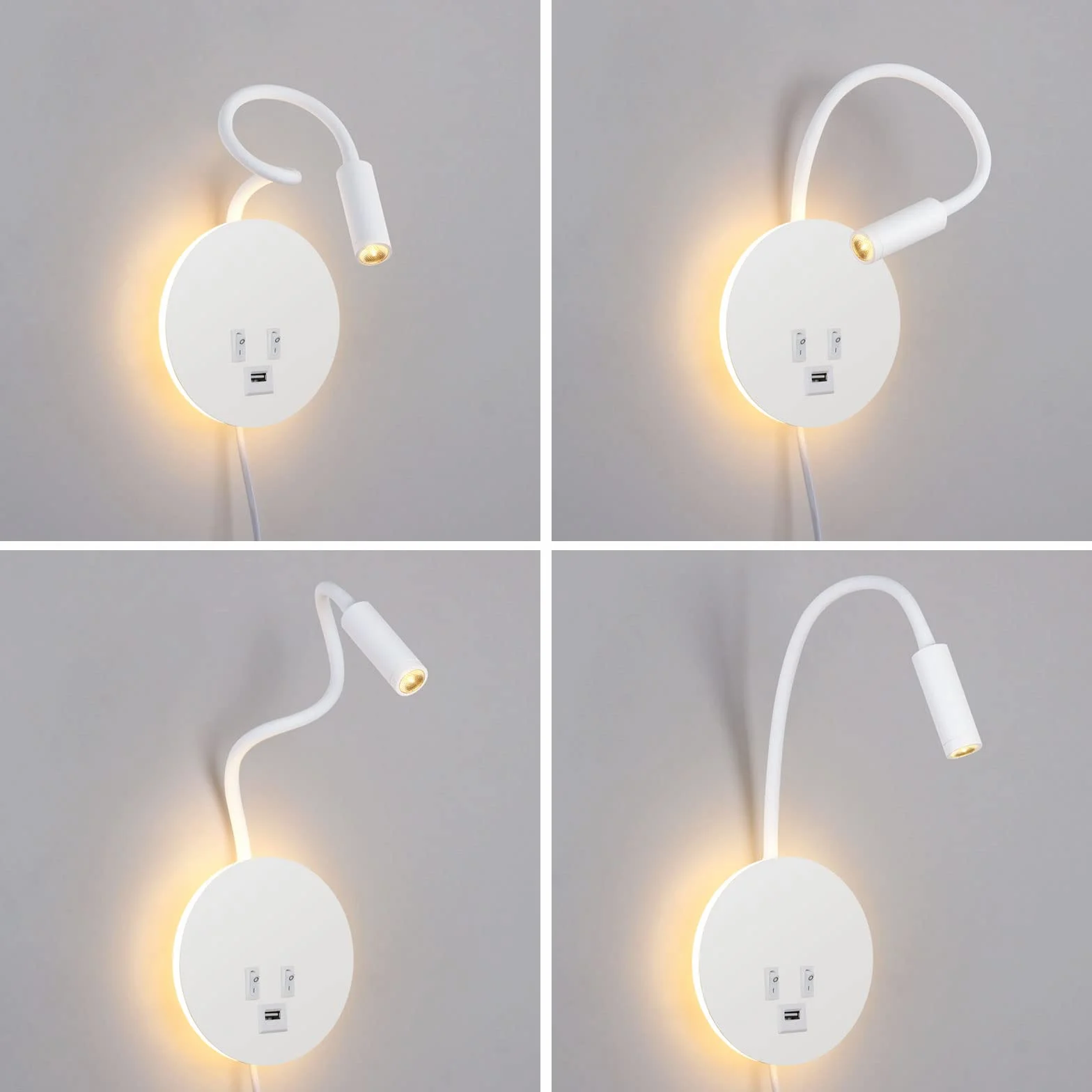 ERWEY Lampka do czytania na łóżku, lampa do czytania, montaż ścienny, 3 W + 8 W, lampka do łóżka z przełącznikiem i ładowaniem USB, lampa ścienna LED do czytania, obracana o 360°, z wtyczką i kablem