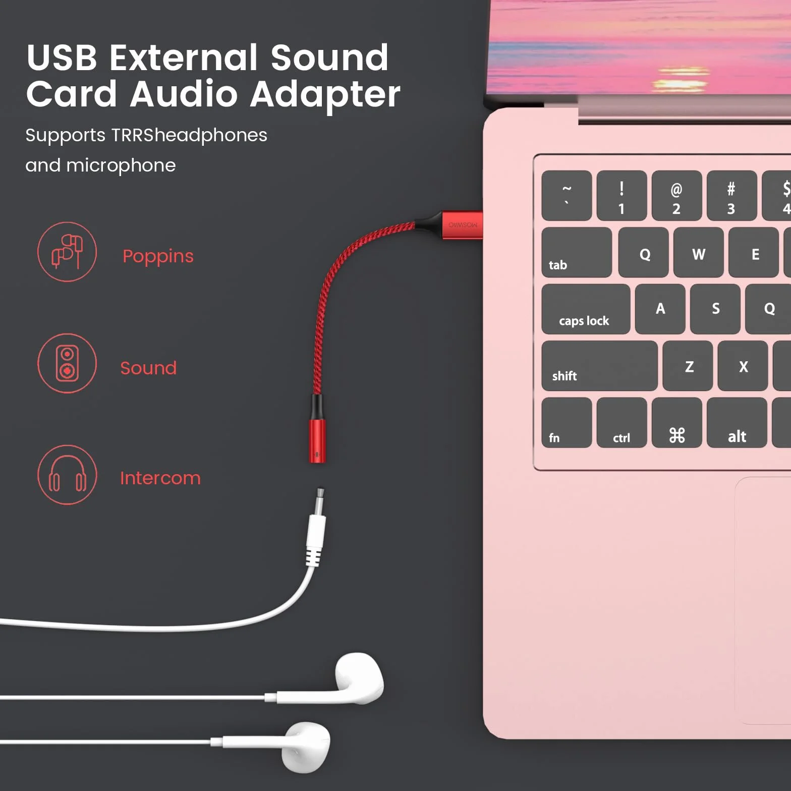MOSWAG Adapter audio USB do 3,5 mm jack, zewnętrzna karta dźwiękowa USB-A