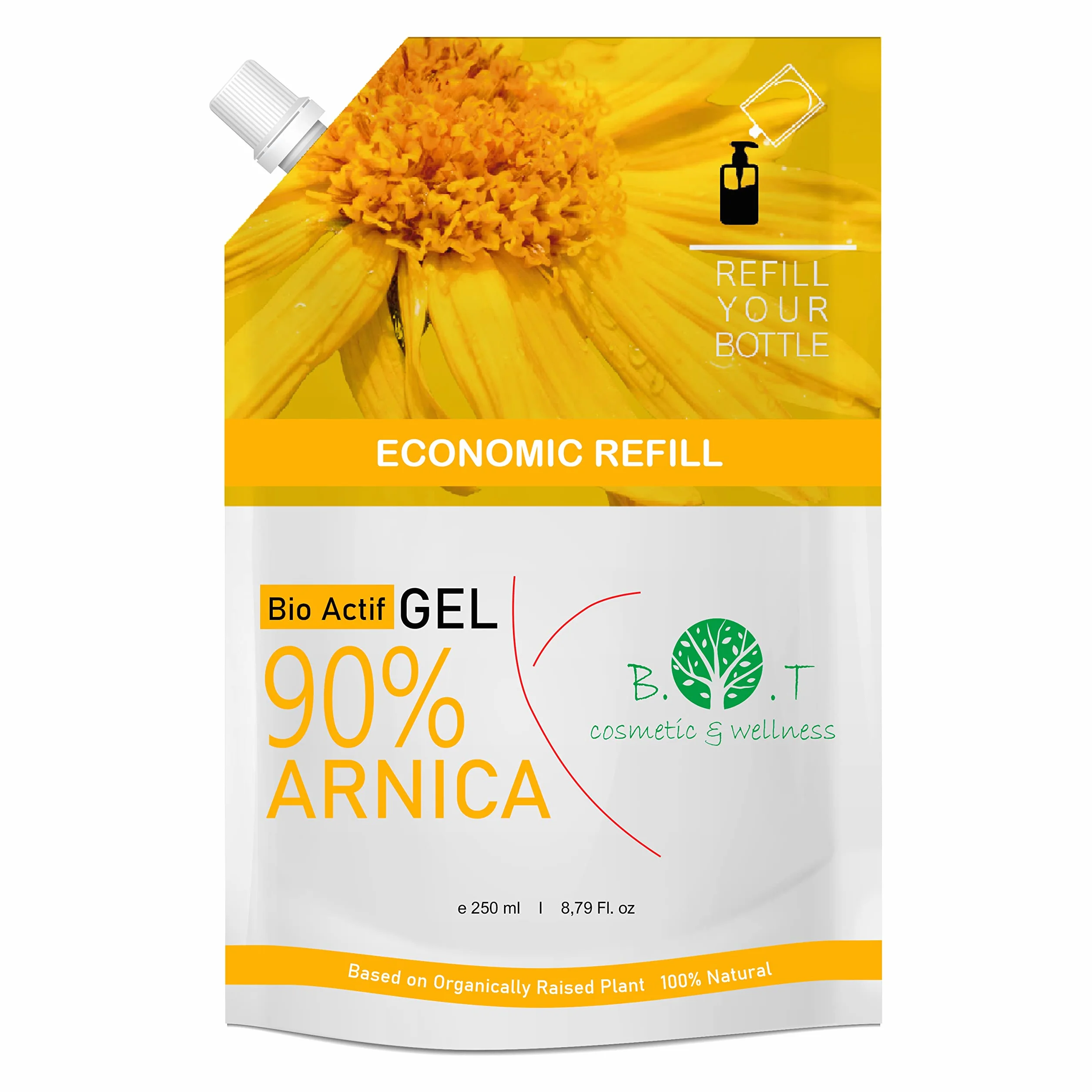 B.O.T cosmetic & wellness - 100% Naturalny Żel z Arniki, Ekstrakt Bezpośrednio z Kwiatu | Intensywny Żel Sportowy | Relaksacyjny Żel do Masażu | 250ml Bez Tłustych Pozostałości