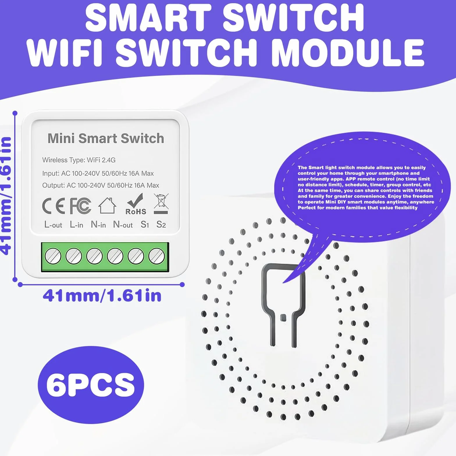 6 inteligentnych włączników światła, moduł 2-drożny, Wi-Fi, przełącznik Smart Life, mini DIY przełącznik Wi-Fi, kompatybilny z aplikacją Tuya, Alexa i Google Home, pasuje za przełącznikiem ściennym