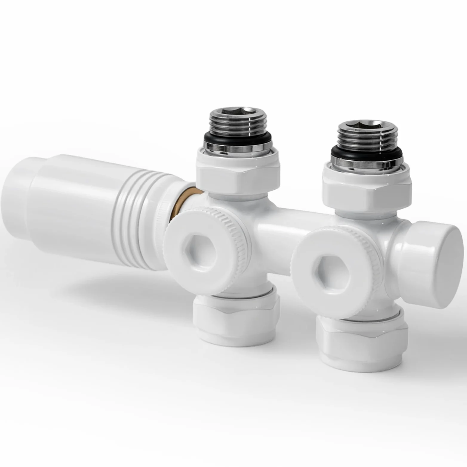 S'AFIELINA Zestaw Multiblock 50mm z głowicą termostatyczną, Zawór do grzejnika łazienkowego 2-w-1 Ściana/Podłoga, Złączki PEX 16mm i Miedź 15mm, Przyłącze środkowe dolne G 1/2", Biały