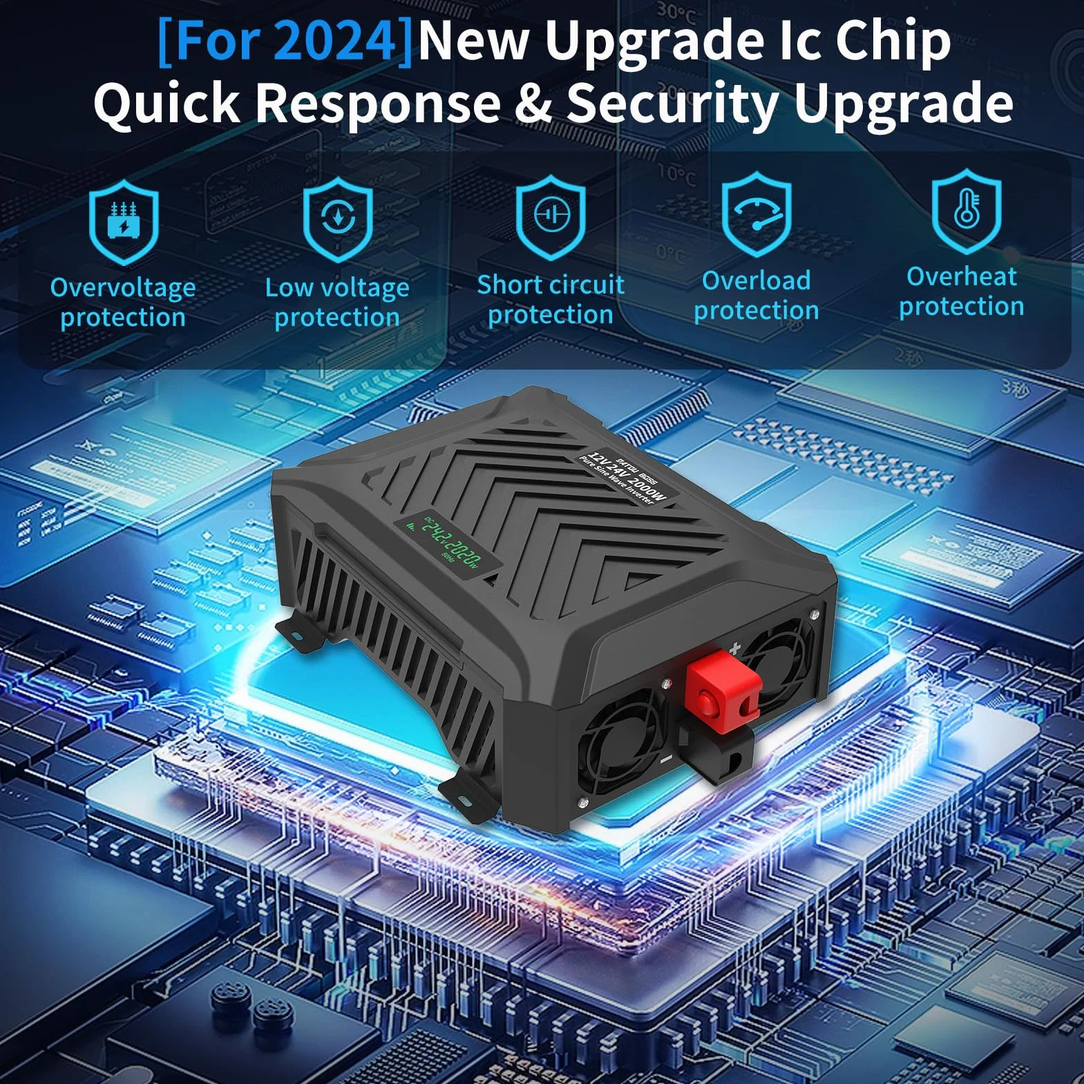 DATOUBOSS Przetwornica napięcia 12V/24V na 230V 2000W/4000W Czysta Sinusoida z Wyświetlaczem LCD