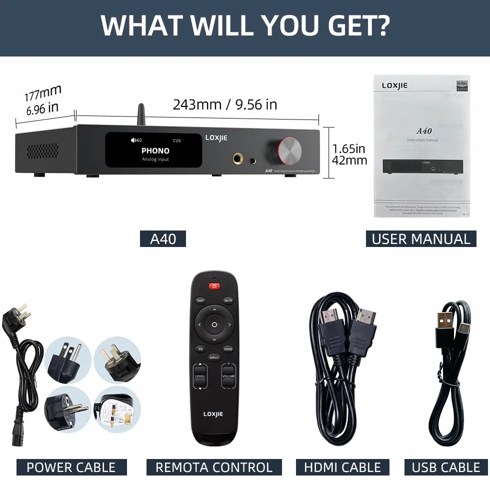 LOXJIE A40 Wzmacniacz audio All-in-one, MA5332MS NJW194, wejście gramofonu, Bluetooth 5.1