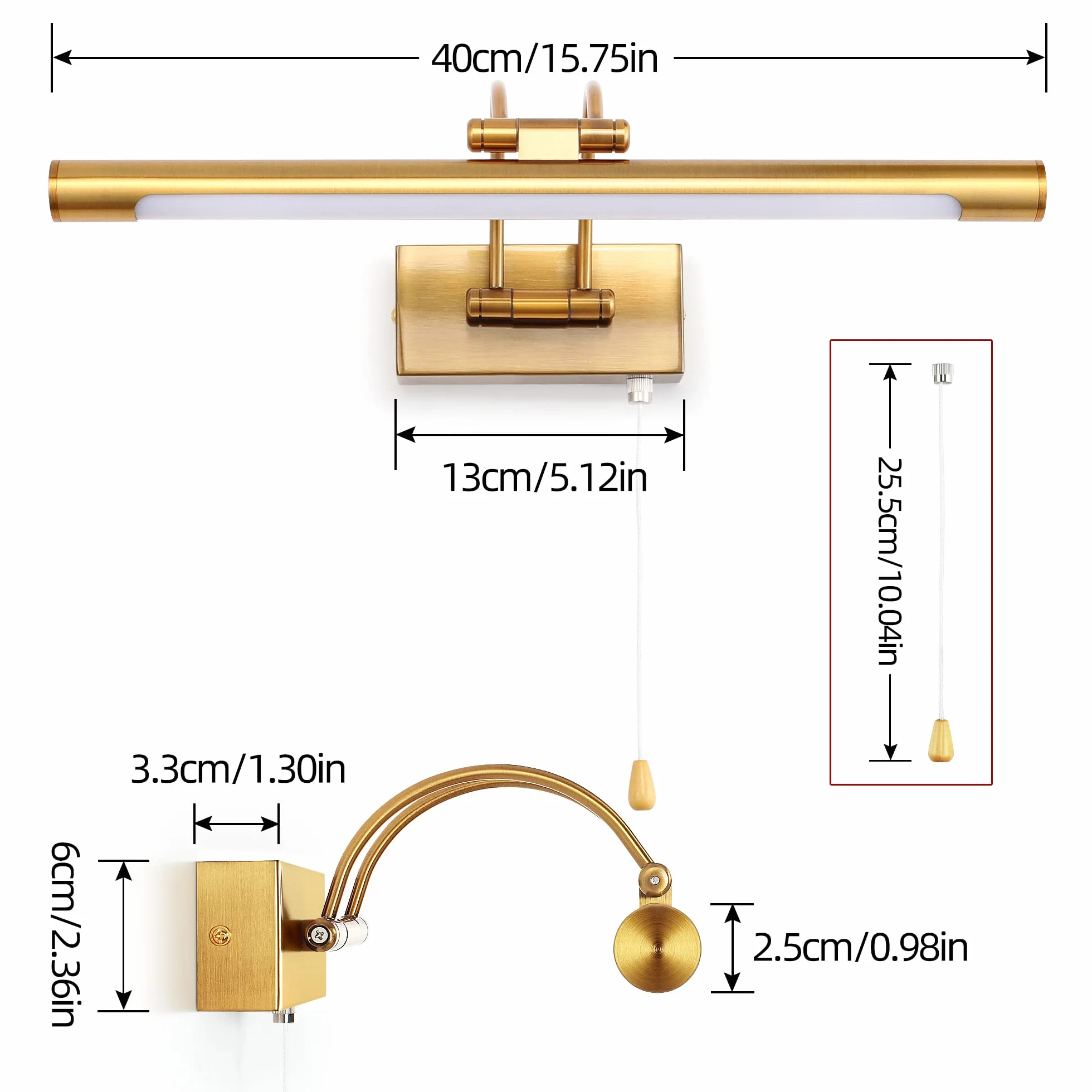 Mosiężna lampa ścienna LED 8W IP44 40cm 3000K z przełącznikiem regulowane ramię