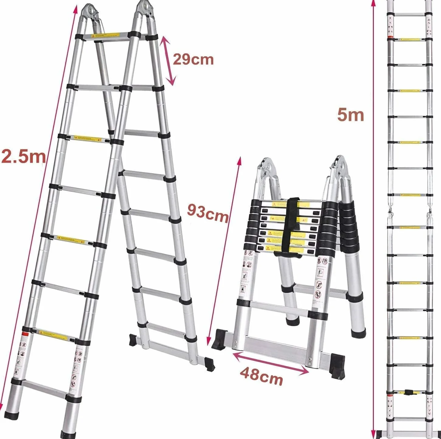 Drabina teleskopowa z aluminium, 5 m, drabina składana, wielofunkcyjna drabina stojąca, wysuwana drabina, maksymalne obciążenie: 150 kg, srebrna