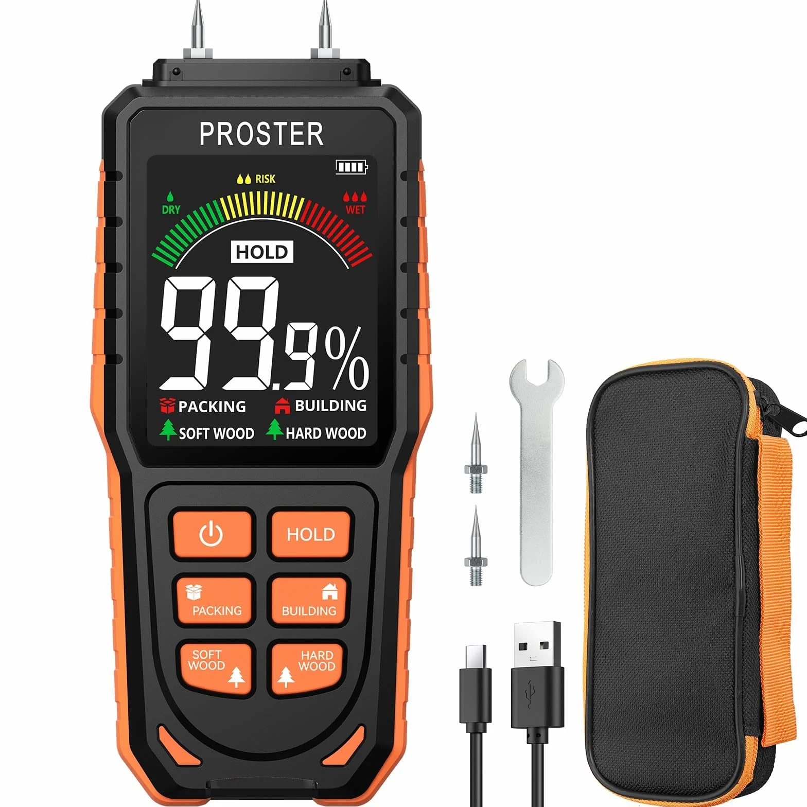 Proster Wilgotnościomierz precyzyjny czujnik wilgotności do ściany, drewna, muru i tynku, 3-kolorowy wyświetlacz LCD, alarm dźwiękowy, profesjonalne narzędzie przenośne