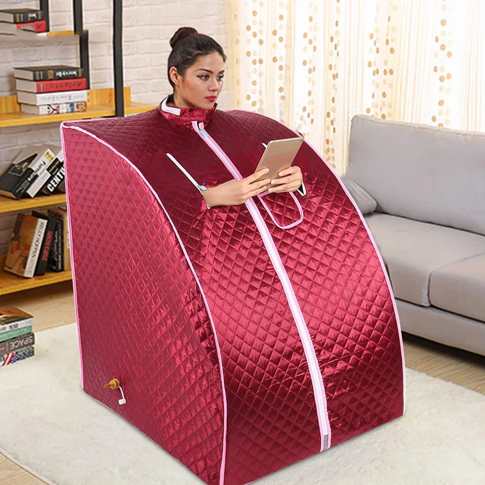 Sauna parowa do domu z namiotem i pilotem, generator pary SPA, 75x35x25 cm, czerwona