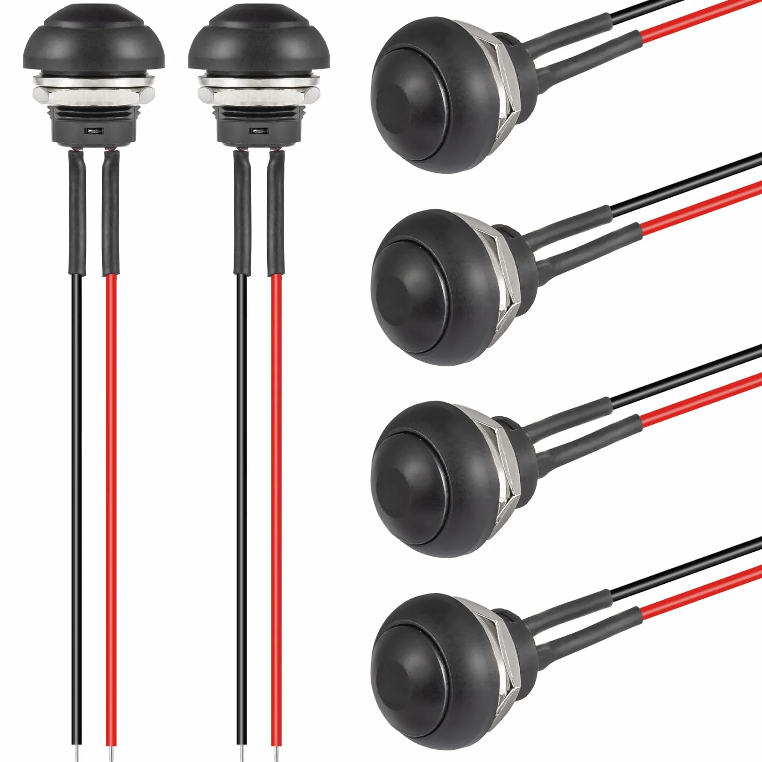 VEXUNGA Przełącznik chwilowy 12 mm, mini przycisk chwilowy, przycisk WŁ. WYŁ., wodoszczelny, okrągły przycisk, z kablem, czarny (6 sztuk)