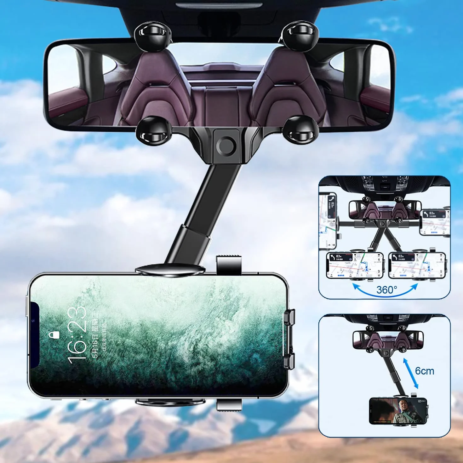 uchwyt do telefonu samochodowego z obrotem 360° na lusterko wsteczne, uniwersalny uchwyt do telefonu samochodowego, regulowany uchwyt do telefonu samochodowego z kołyską, obrót 360°