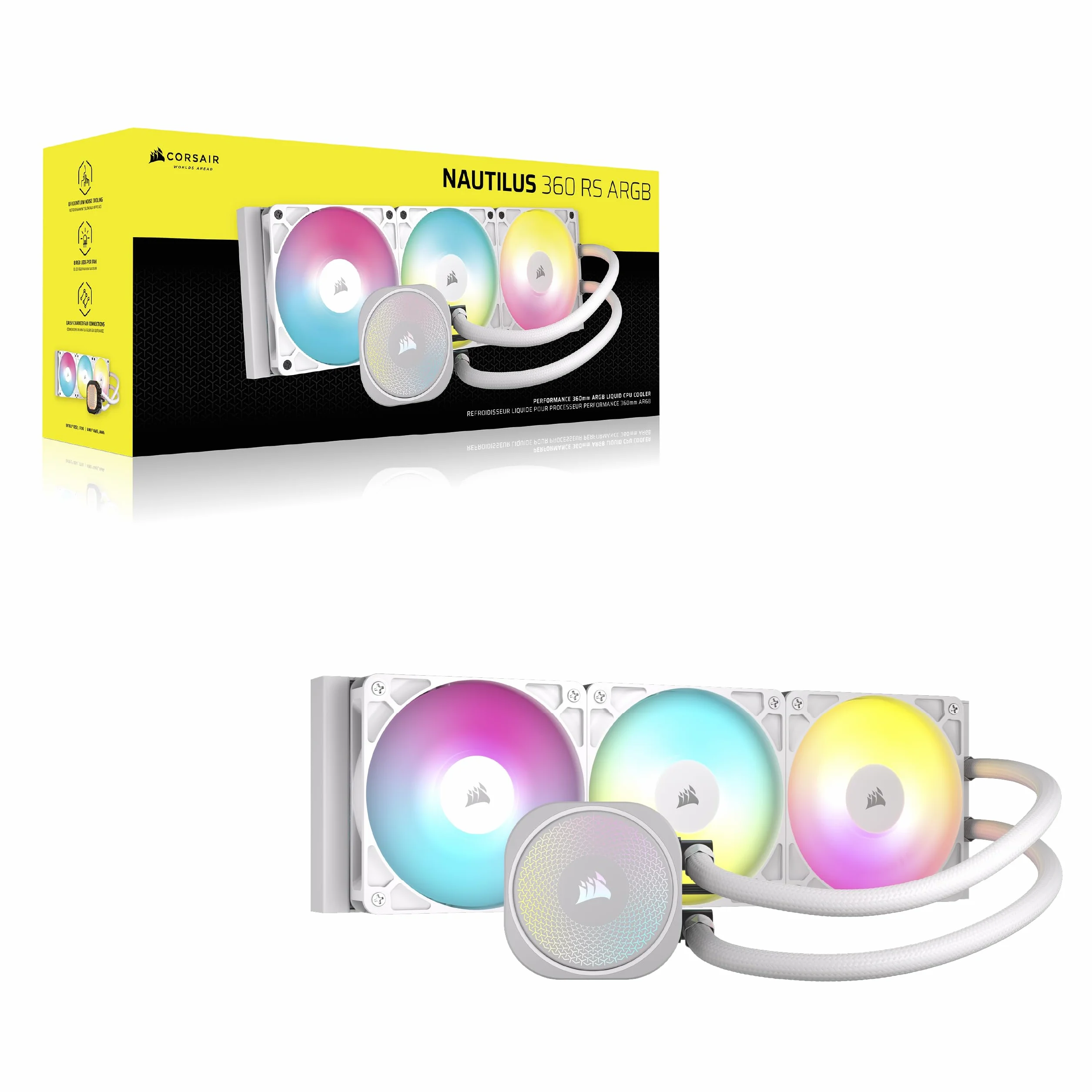 CORSAIR NAUTILUS 360 RS ARGB Układ Chłodzenia Procesora Cieczą – 360mm AIO – Bezpośrednie Połączenie z Płytą Główną – Intel LGA 1851/1700, AMD AM5/AM4 – 3x RS120 ARGB Wentylatory – Biały