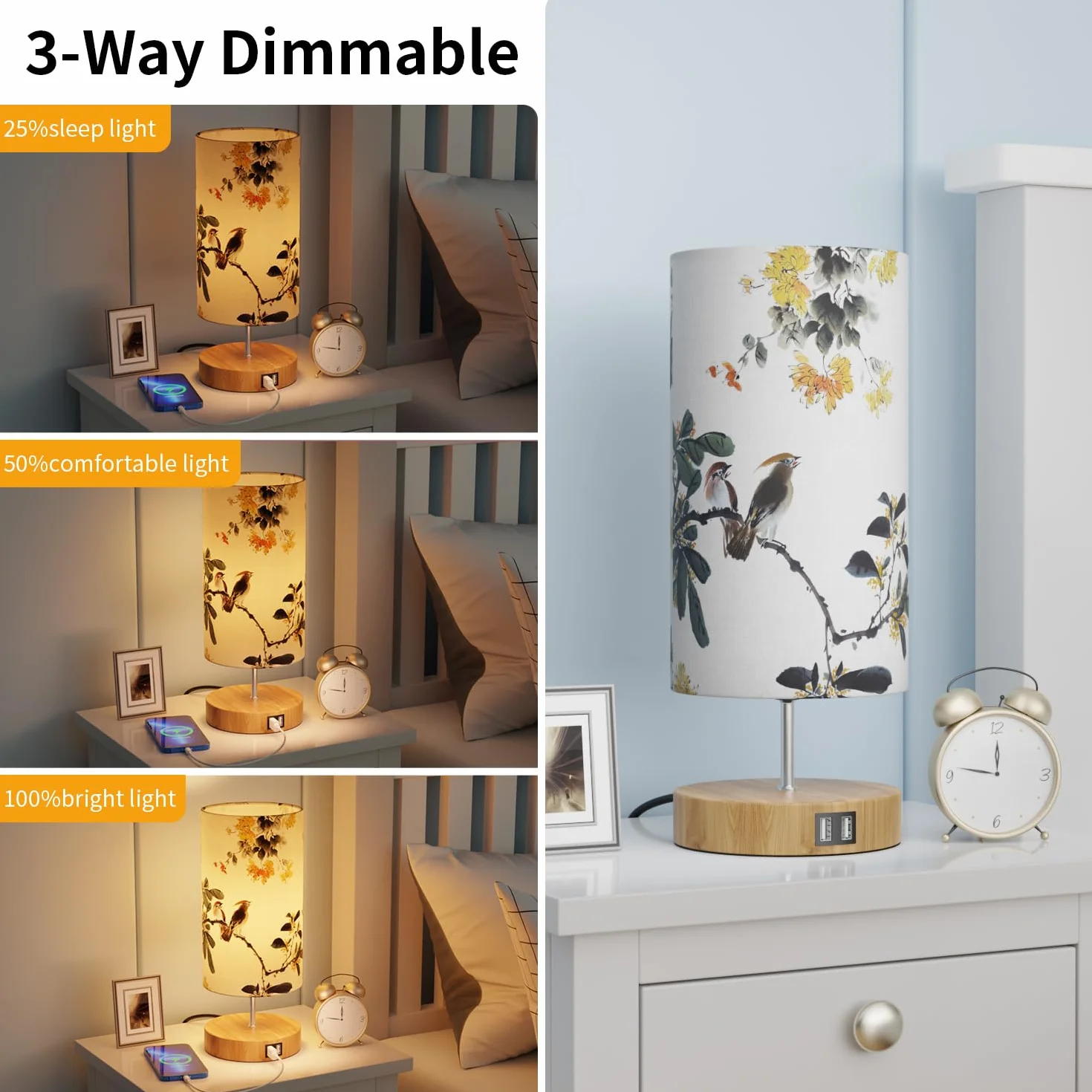 GPATIO Nowoczesna lampka nocna, dotykowa, ściemniana, dekoracja sypialni, z nadrukiem, 2 porty ładowania USB, lampa LED