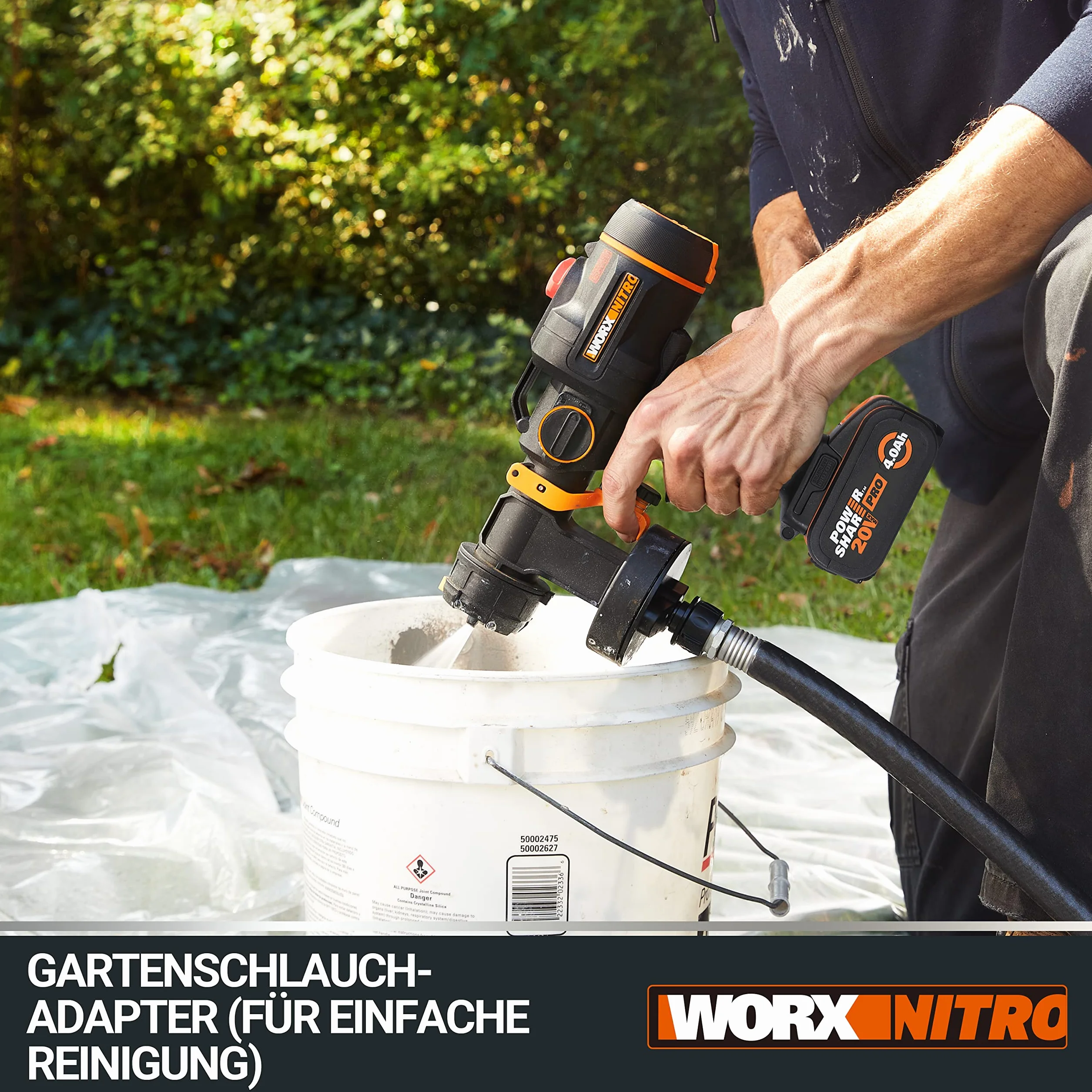 WORX Nitro - Bezprzewodowy pistolet do malowania bezszczotkowy 20 V -2 Ah - WX020 (dostarczany z baterią i szybką ładowarką, pojemnik 1 l, 3 tryby, 4 dysze, łatwe czyszczenie)