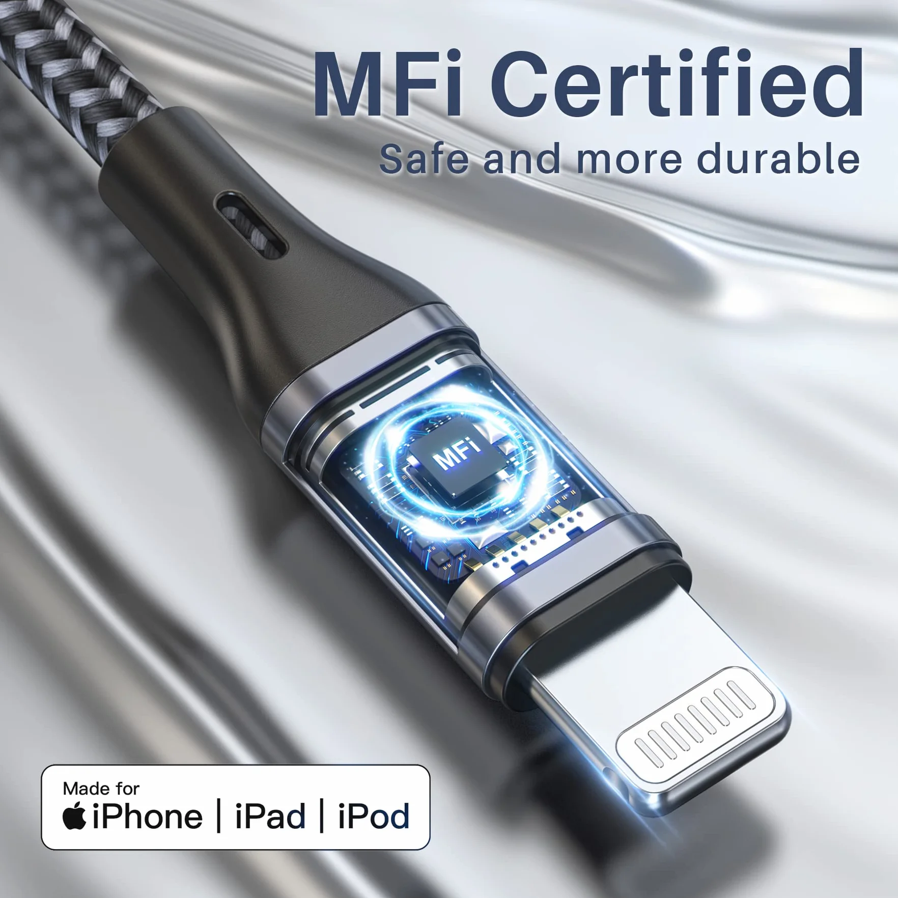 RAVIAD Kabel Lightning 3m MFi oplatany nylonem szybkie ładowanie iPhone 13 12 11 Pro Max Xs X XR 8 7 6s 6 SE 5 5s 5c szary
