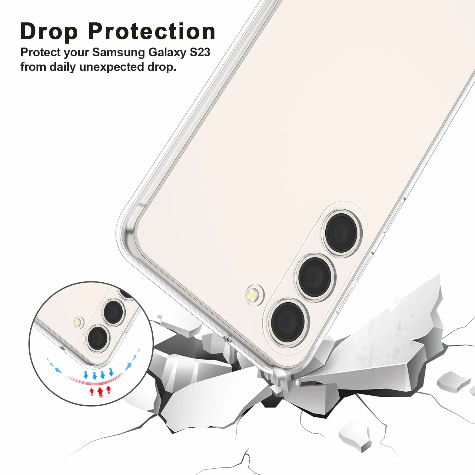 Vancle Etui na telefon Samsung Galaxy S23 z 2 szkłami pancernymi i 1 nylonową smyczą, przezroczyste etui na telefon komórkowy TPU