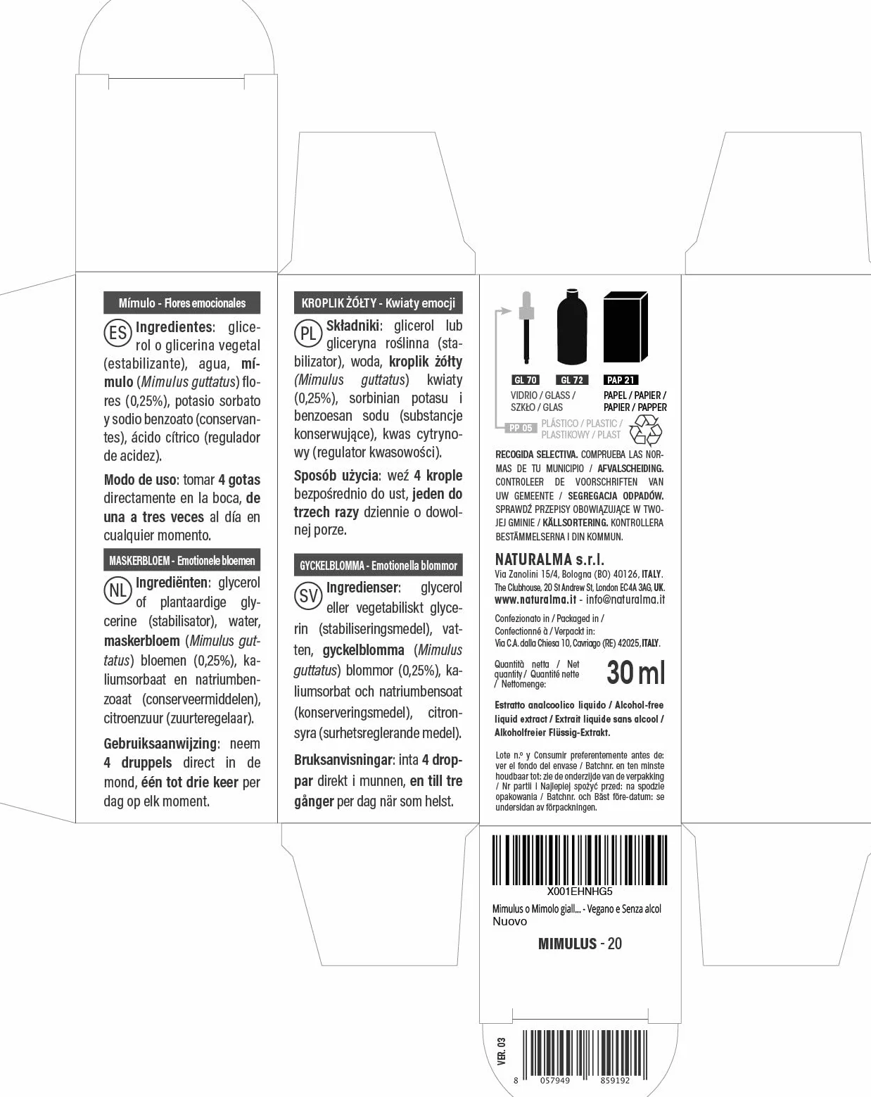 Mimulus lub Kroplik żółty (Mimulus guttatus) Kwiaty emocji lub Kwiaty Bacha Naturalma - Krople 30 ml - Płynny ekstrakt bezalkoholowy - Esencje kwiatowe - Wegański