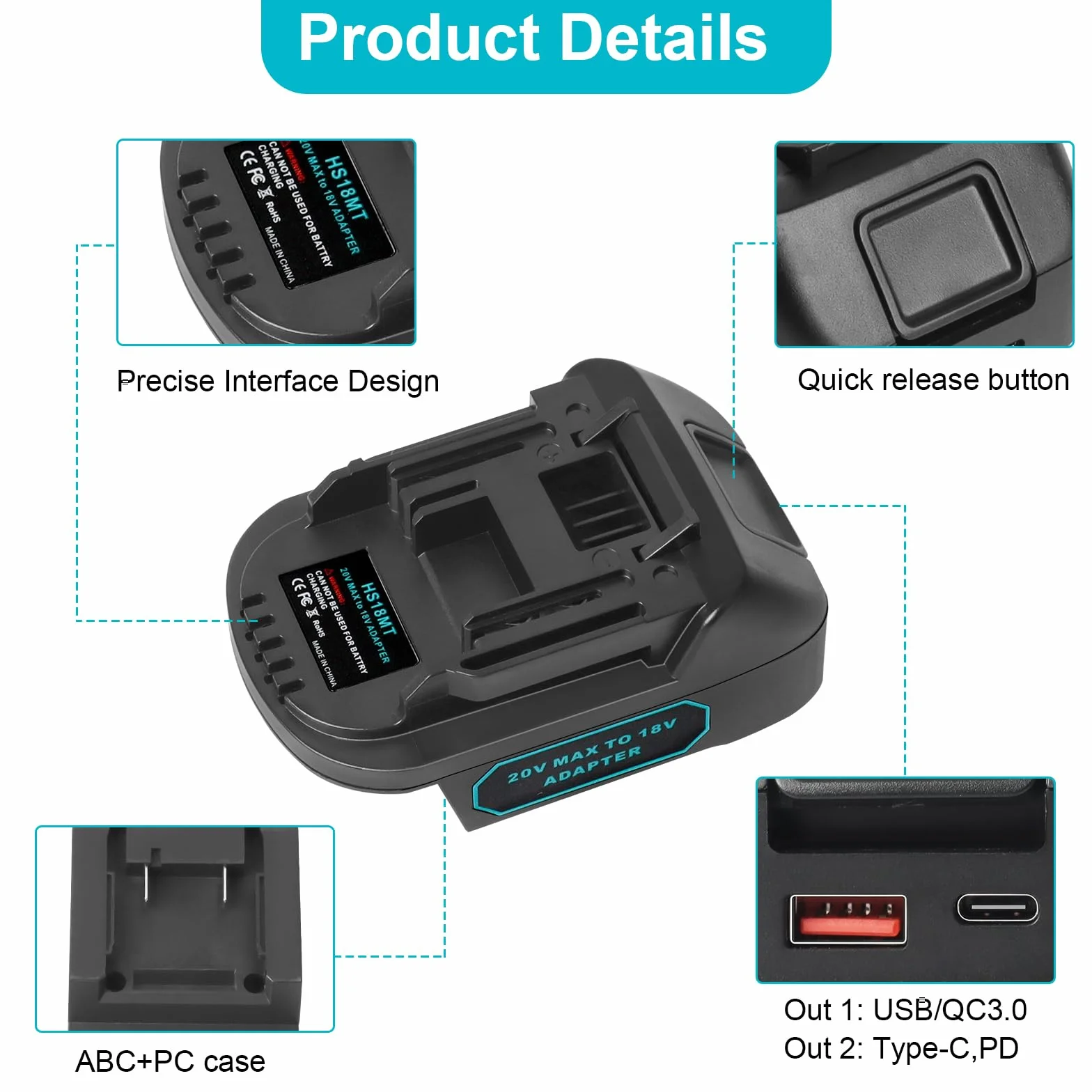 QUPERR USB Adapter baterii kompatybilny z Einhell 18V do Makita 18V | z portami USB-A i USB-C do ładowania.
