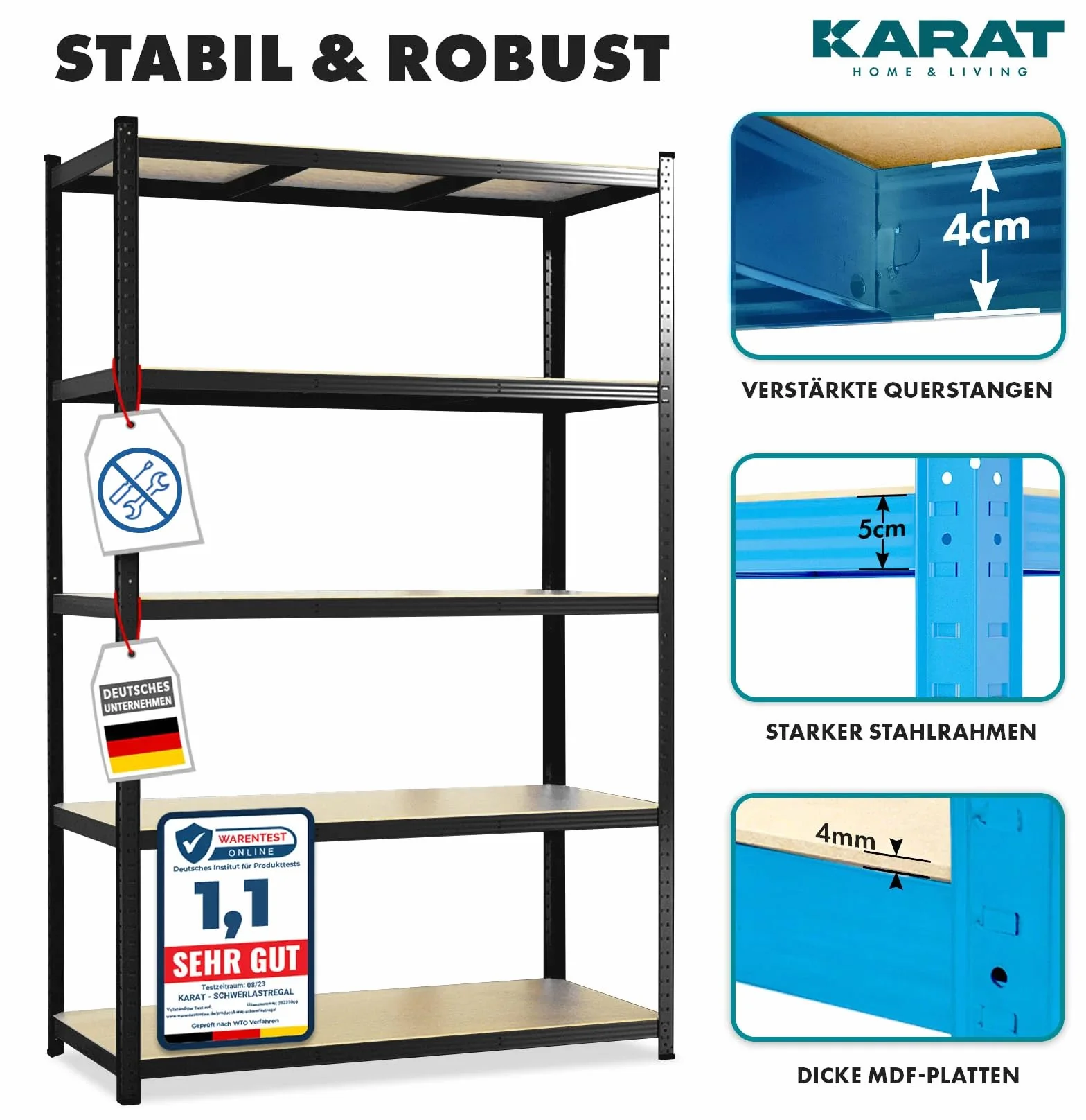 KARAT Regał do dużych obciążeń, zestaw 2 szt. – regał wtykowy, do piwnicy, regał magazynowy – 5 regulowanych półek (czarny, 50 x 100 x 200 cm)